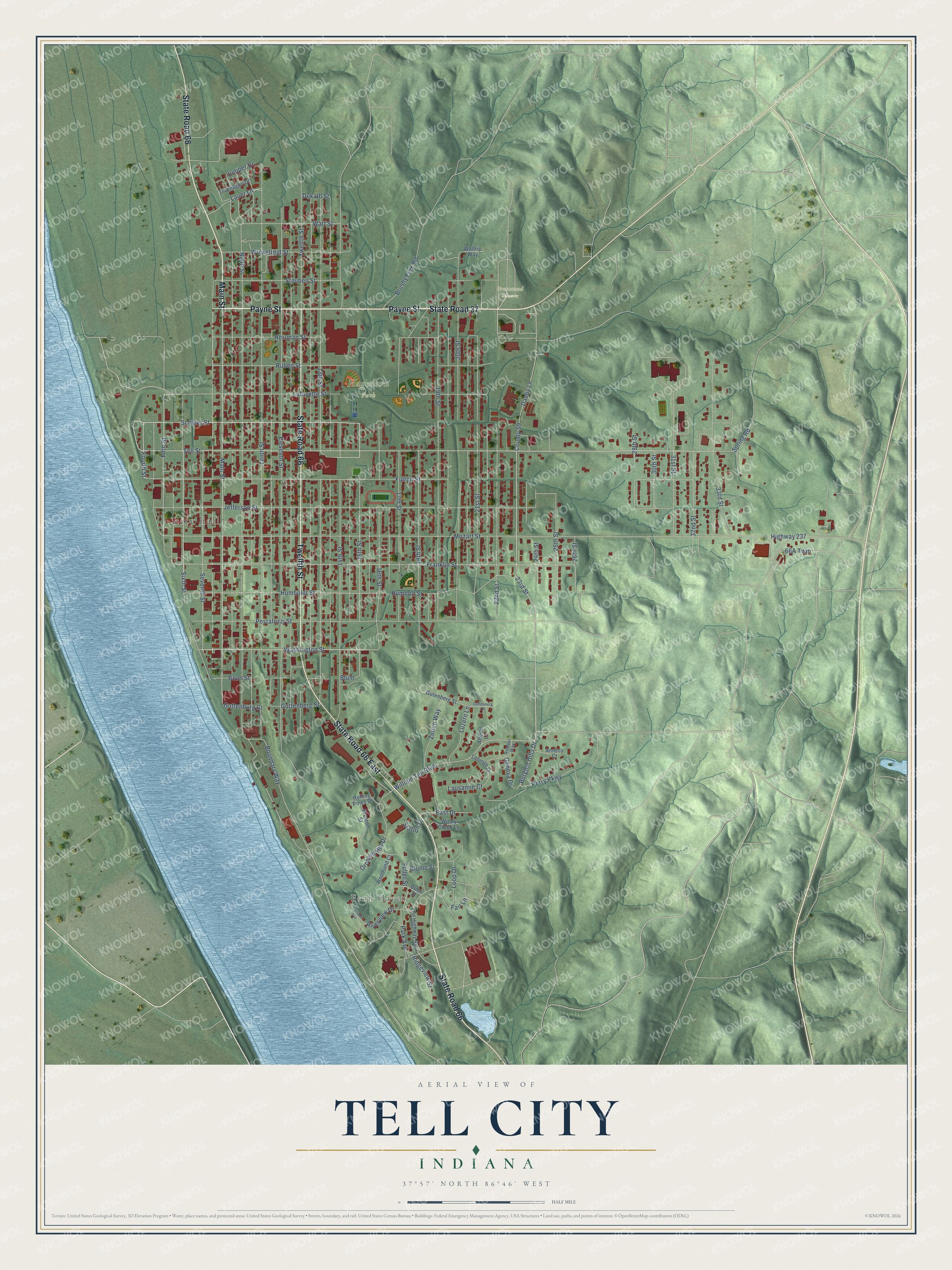 Watermarked full-map preview of Tell City, Indiana