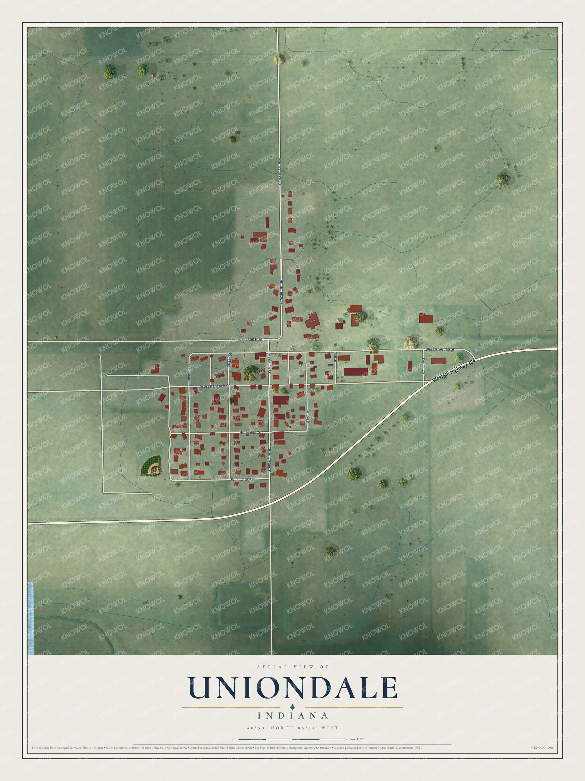 Watermarked full-map preview of Uniondale, Indiana