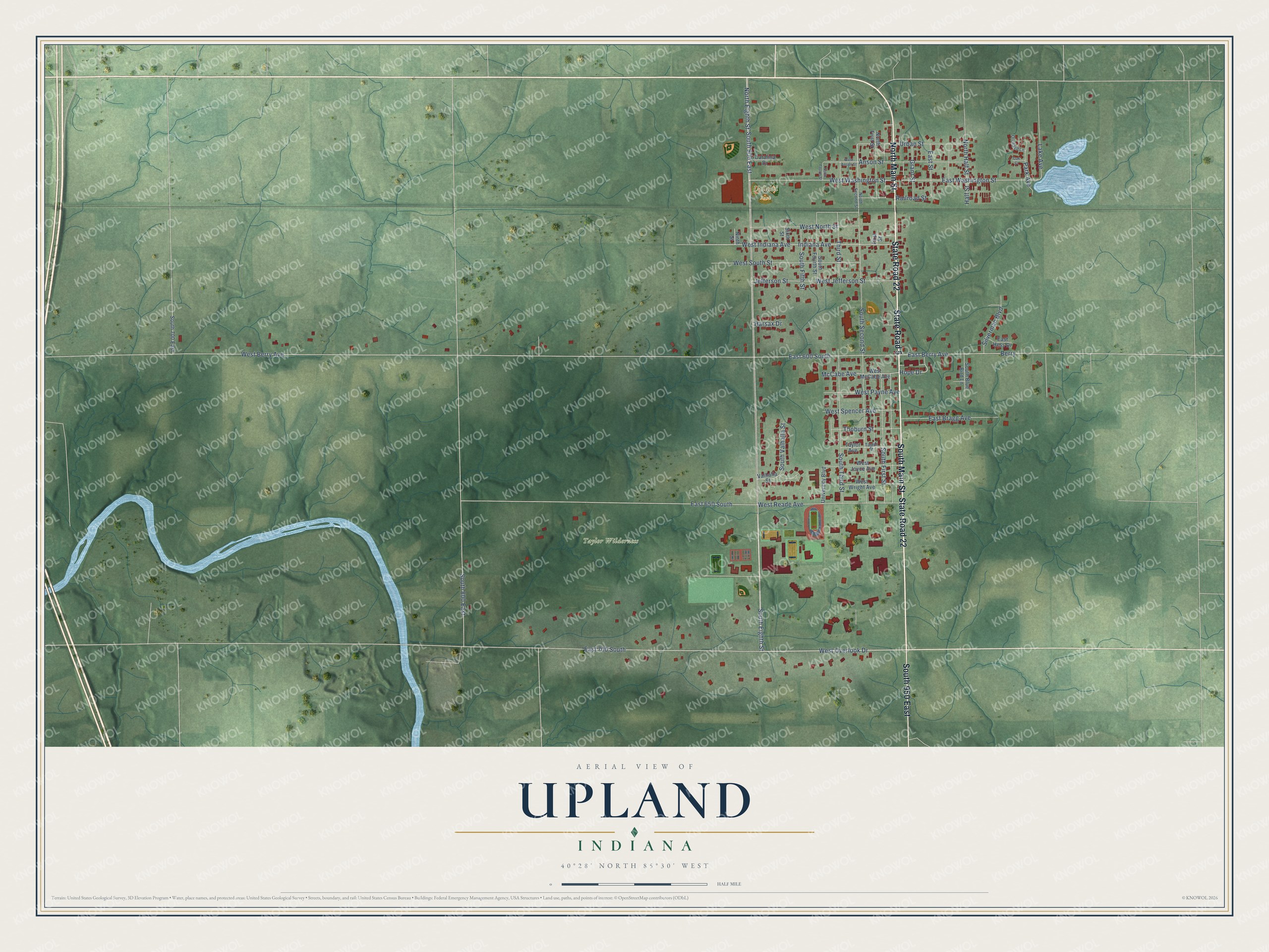 Watermarked full-map preview of Upland, Indiana