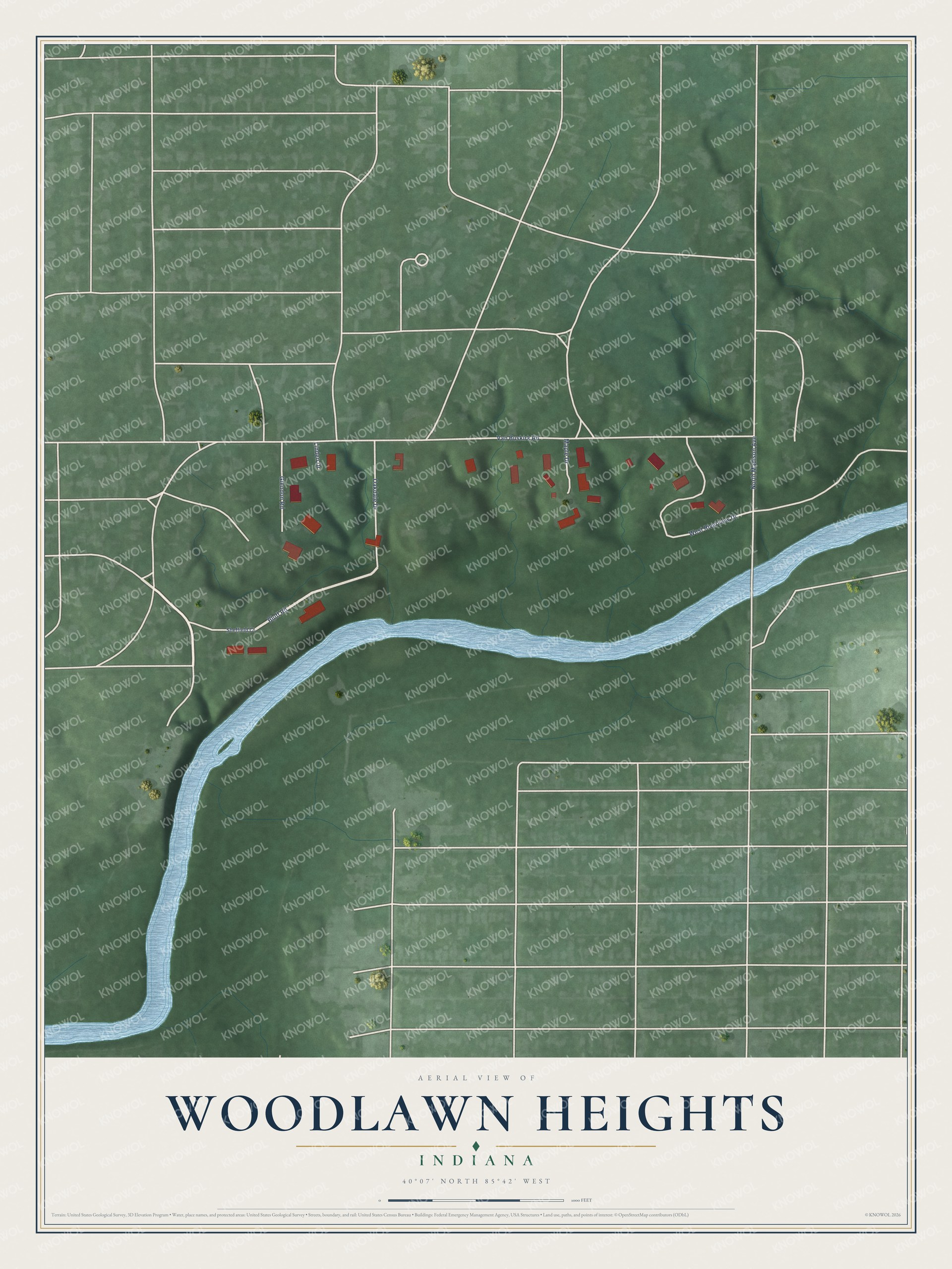 Watermarked full-map preview of Woodlawn Heights, Indiana