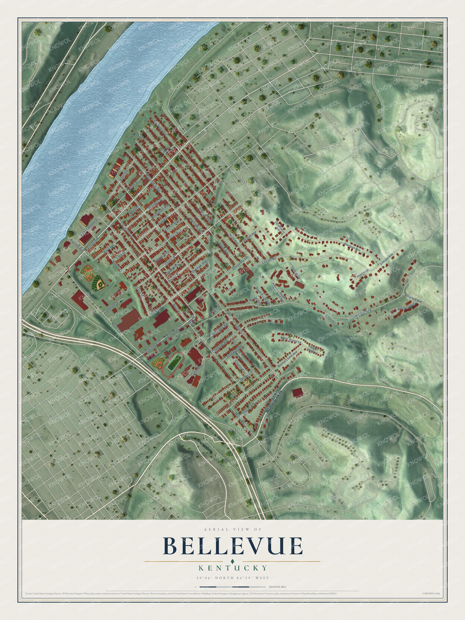 Watermarked full-map preview of Bellevue, Kentucky