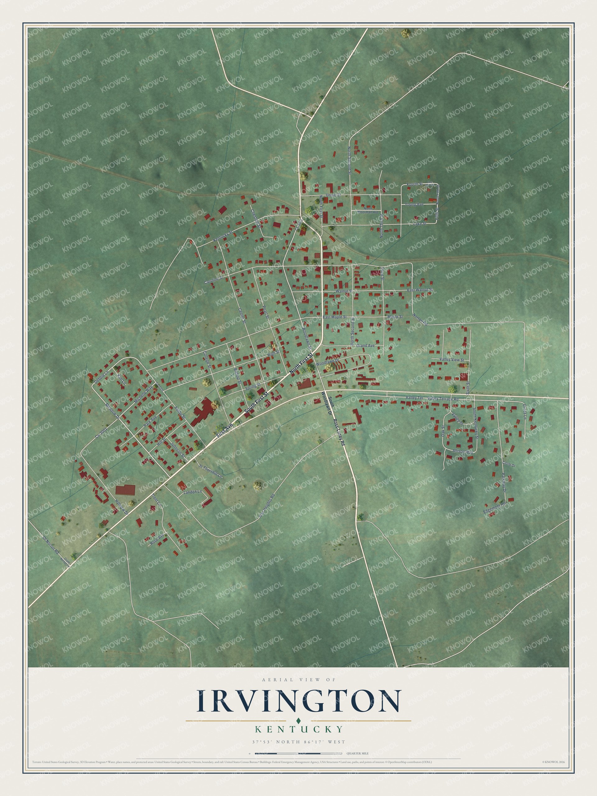 Watermarked full-map preview of Irvington, Kentucky