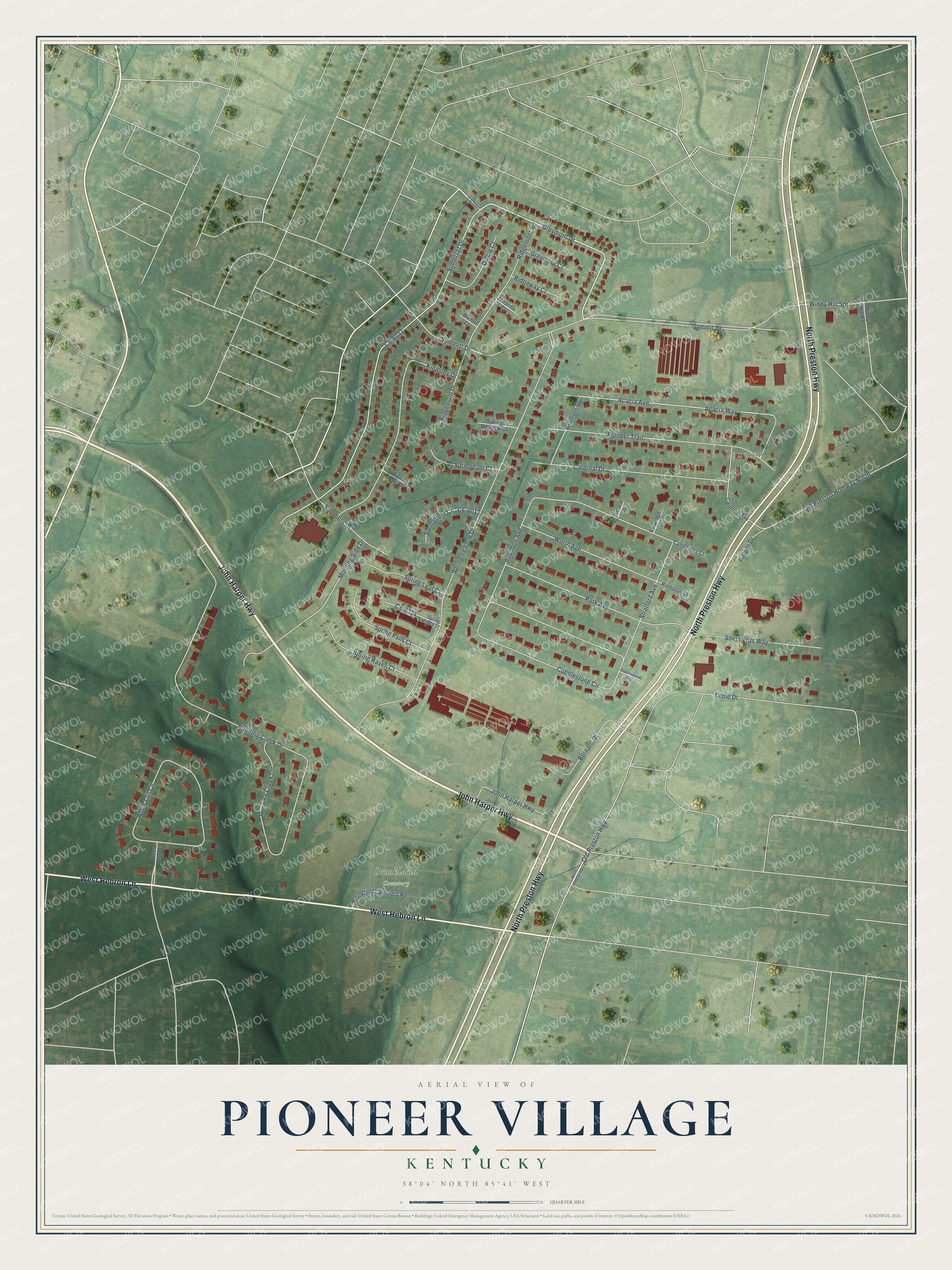 Watermarked full-map preview of Pioneer Village, Kentucky