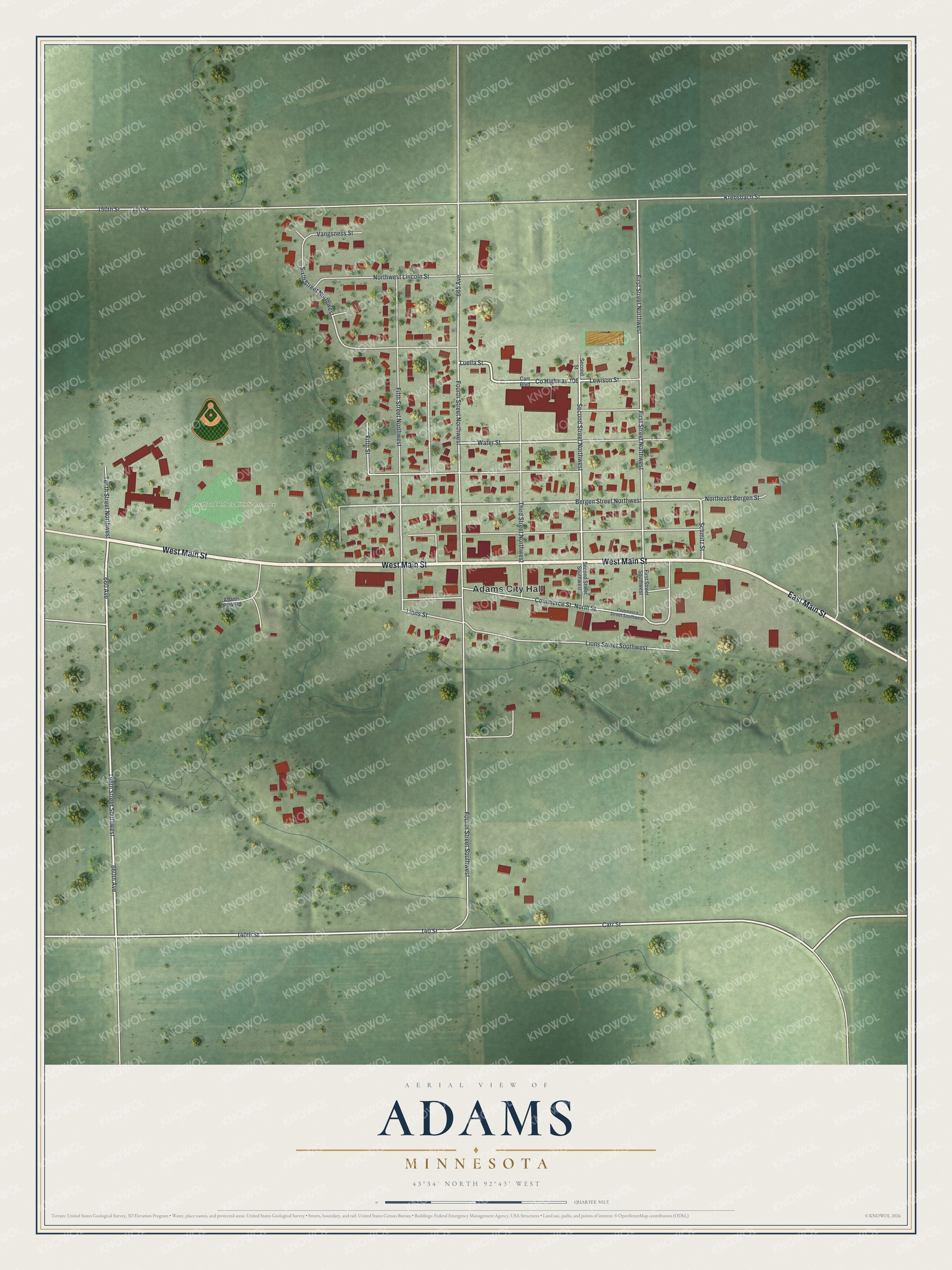 Watermarked full-map preview of Adams, Minnesota