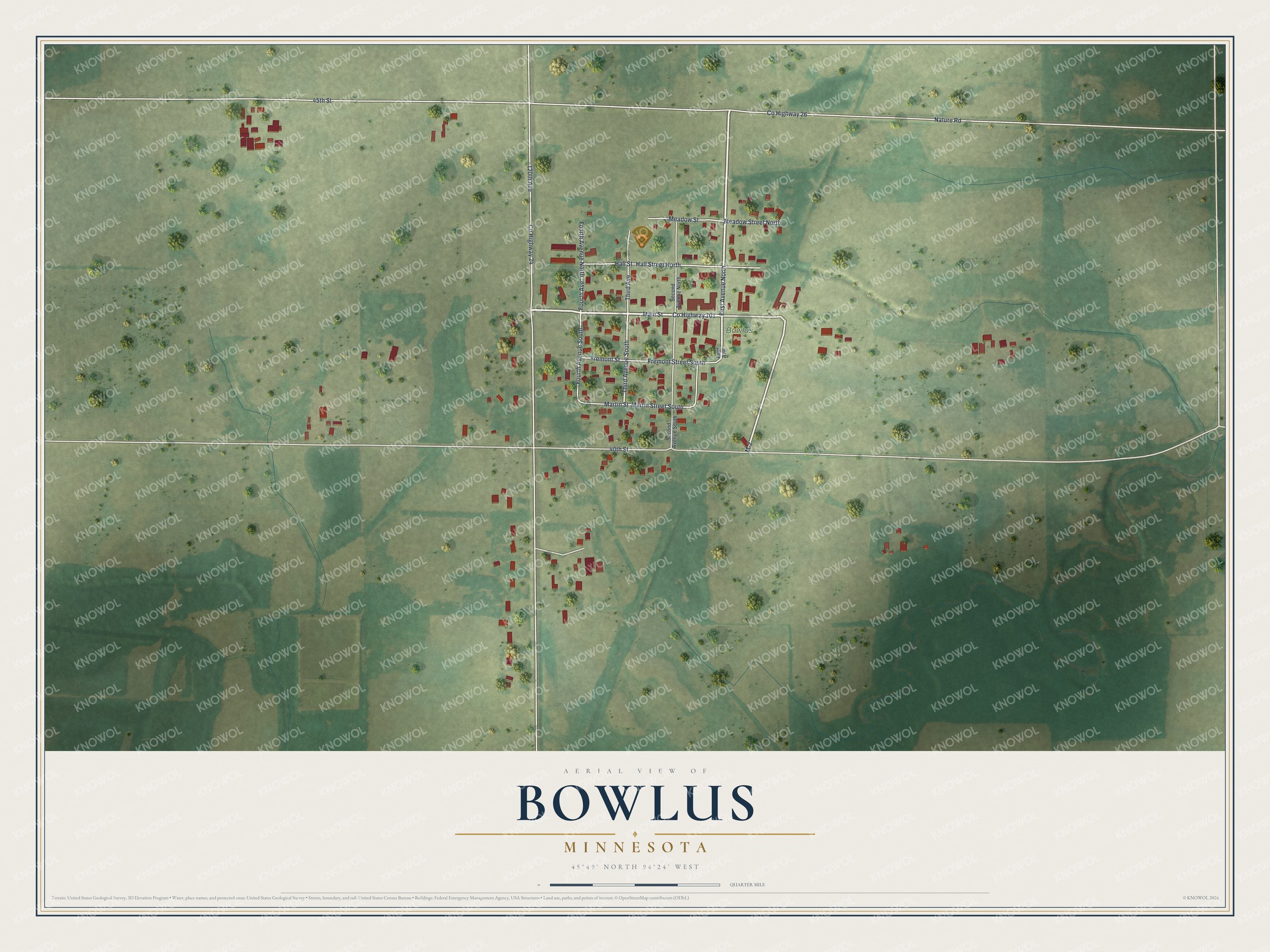Watermarked full-map preview of Bowlus, Minnesota