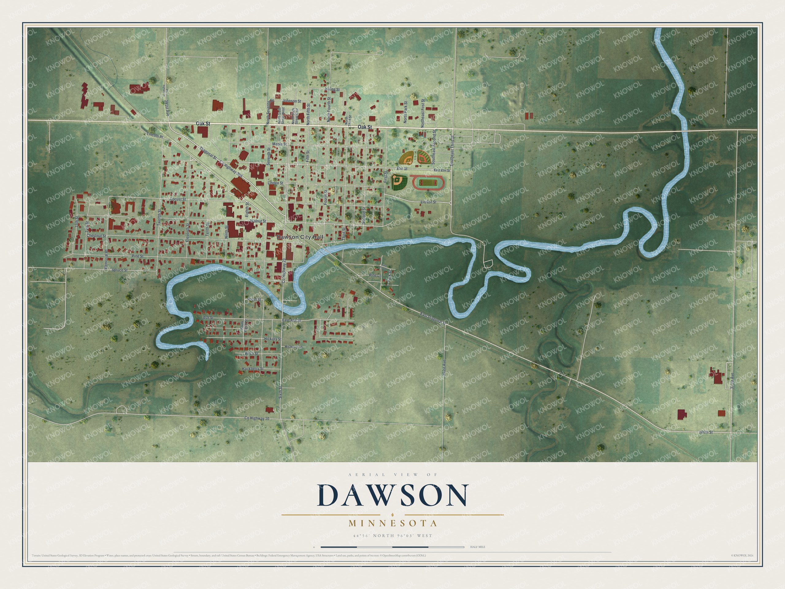 Watermarked full-map preview of Dawson, Minnesota