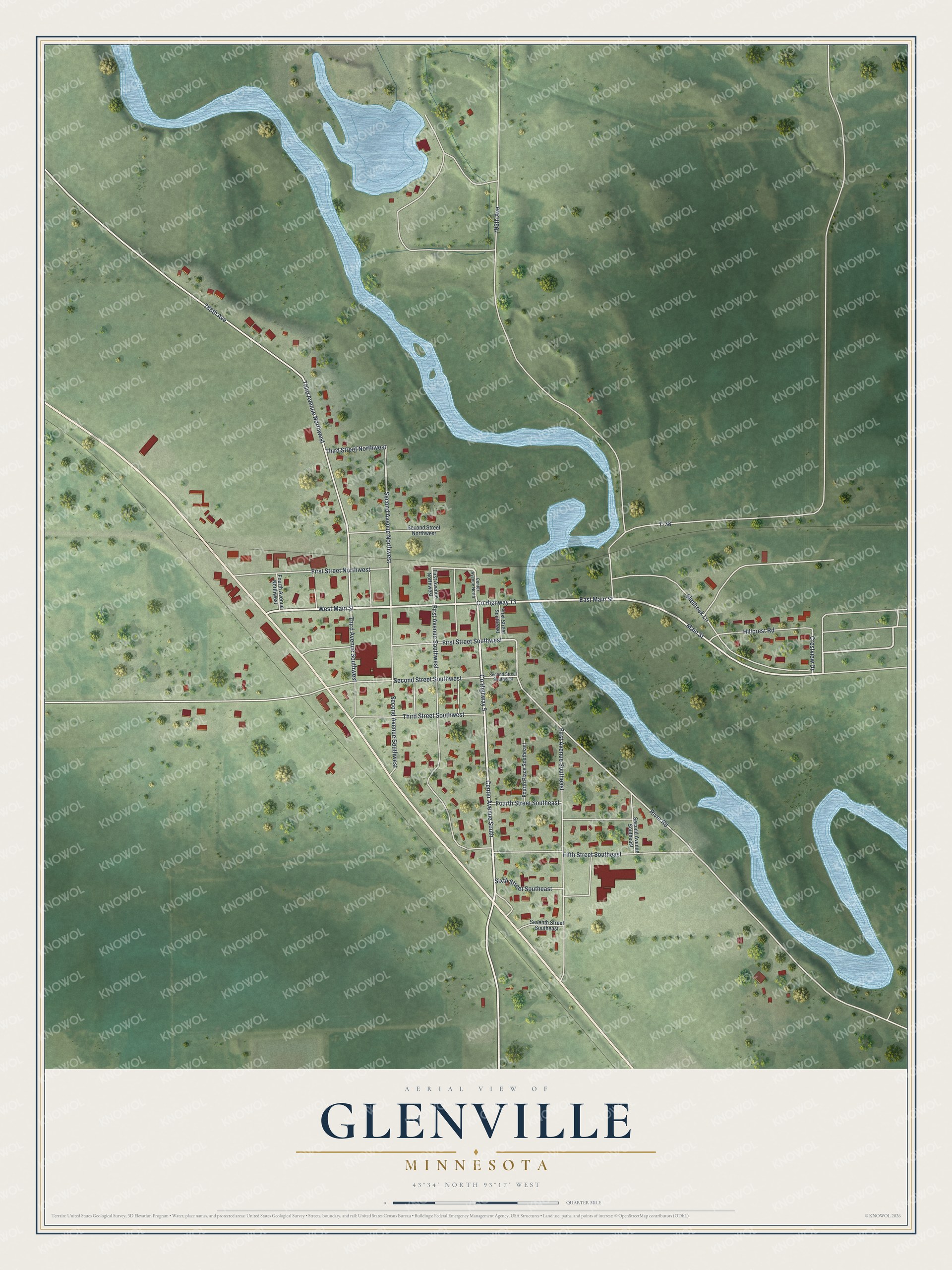 Watermarked full-map preview of Glenville, Minnesota