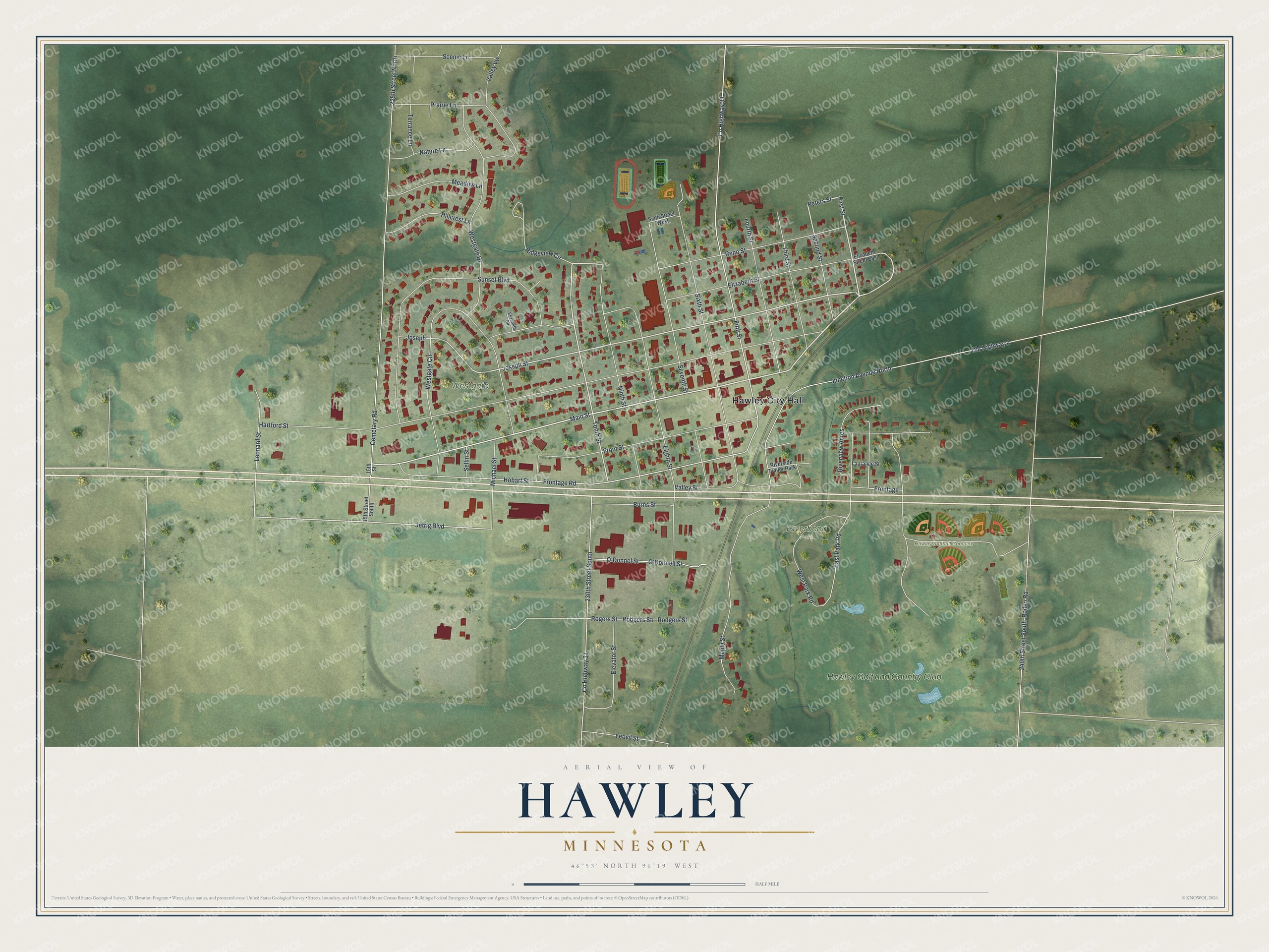 Watermarked full-map preview of Hawley, Minnesota