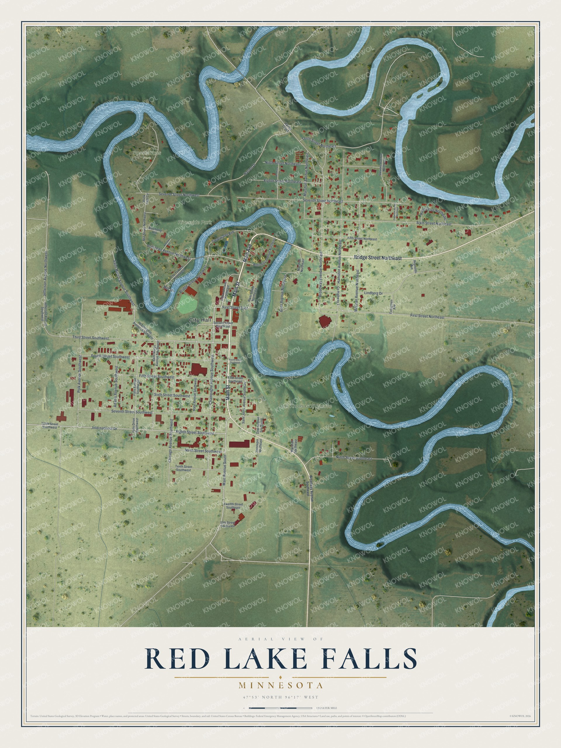 Watermarked full-map preview of Red Lake Falls, Minnesota