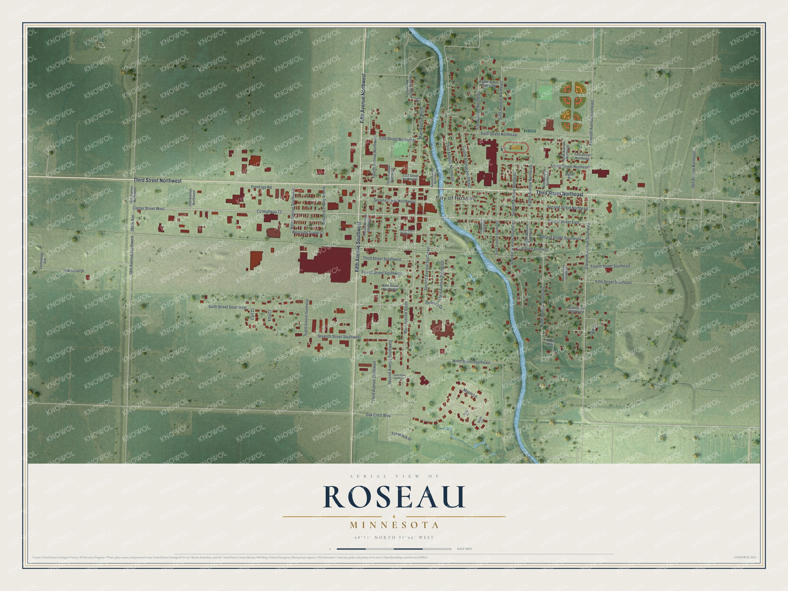 Watermarked full-map preview of Roseau, Minnesota