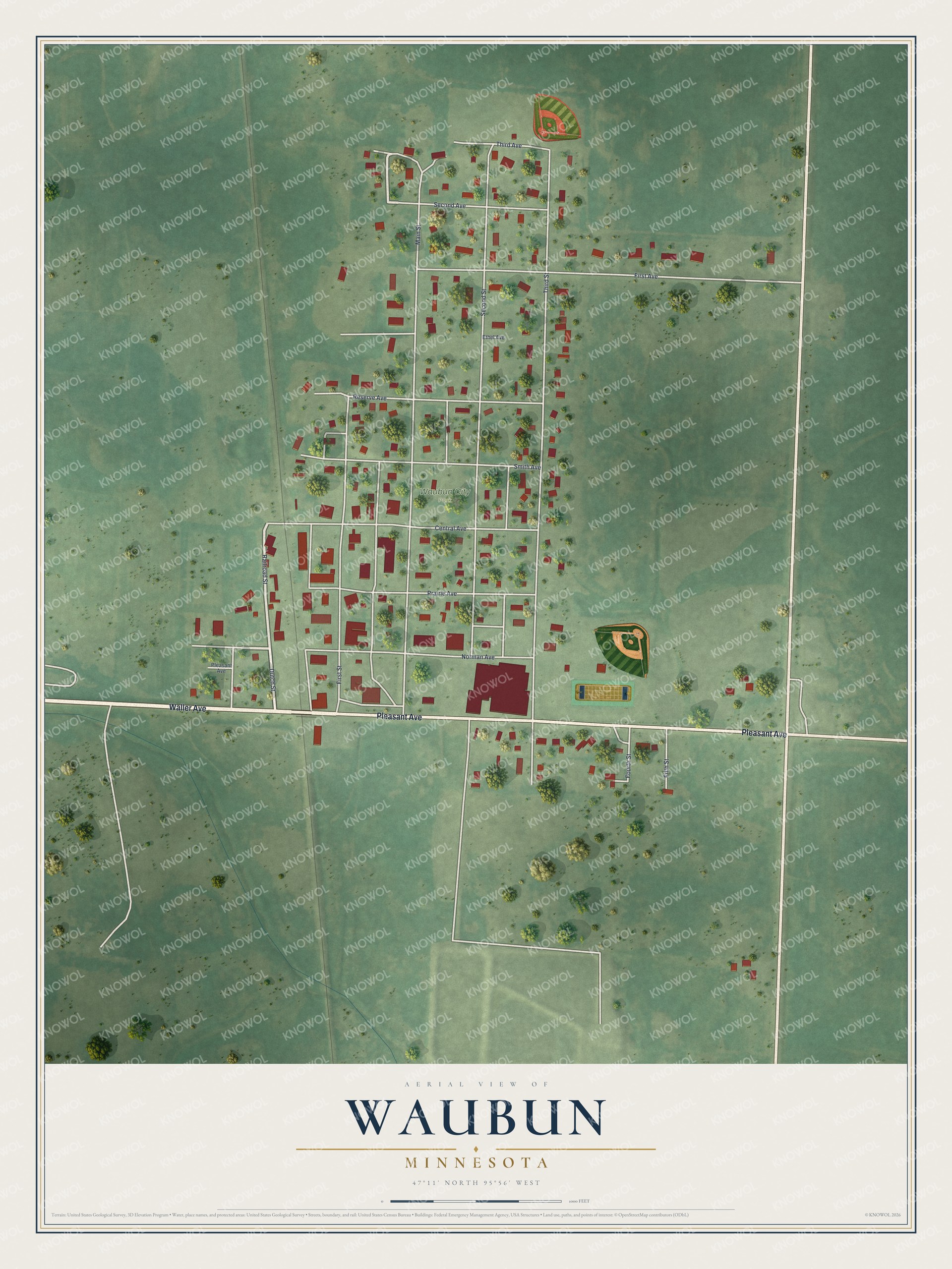 Watermarked full-map preview of Waubun, Minnesota