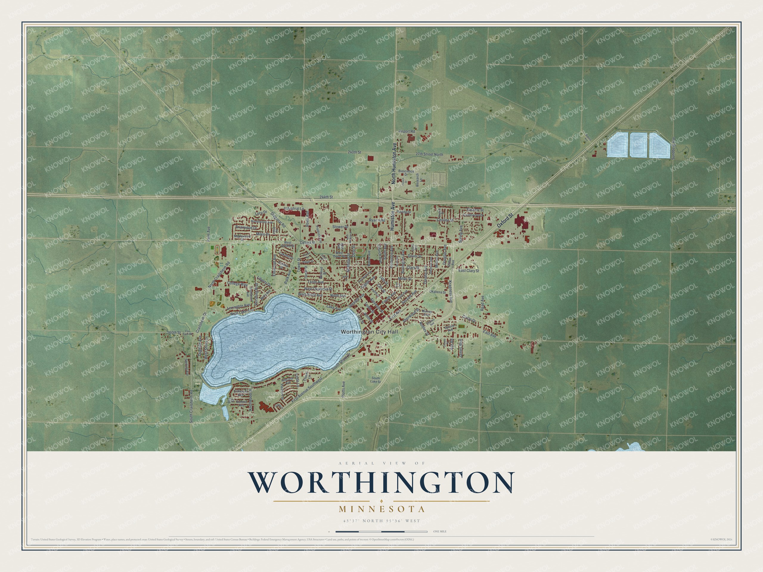Watermarked full-map preview of Worthington, Minnesota