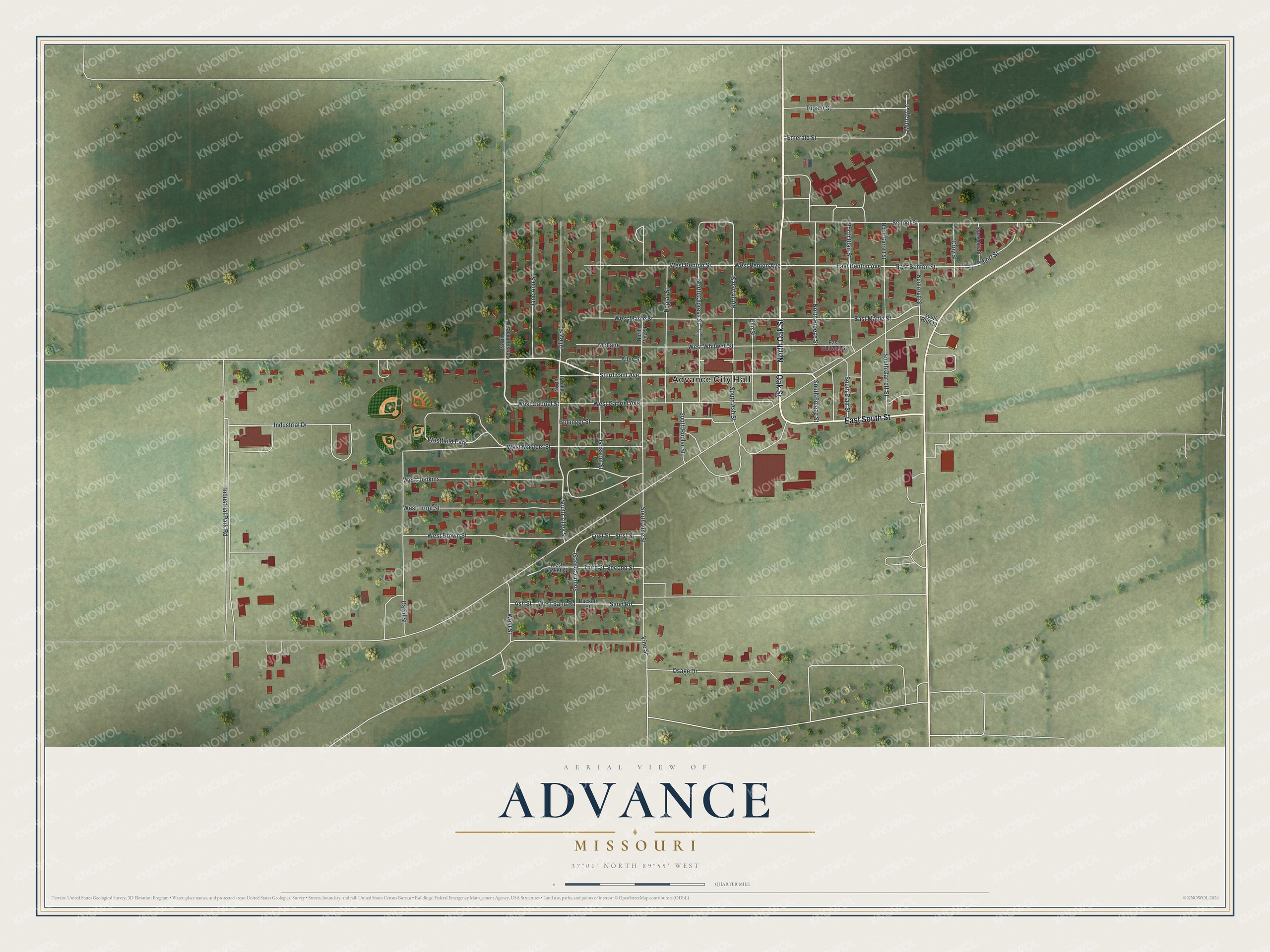 Map of Advance, Missouri with red buildings in a street grid around Advance City Hall and flat green fields on every side