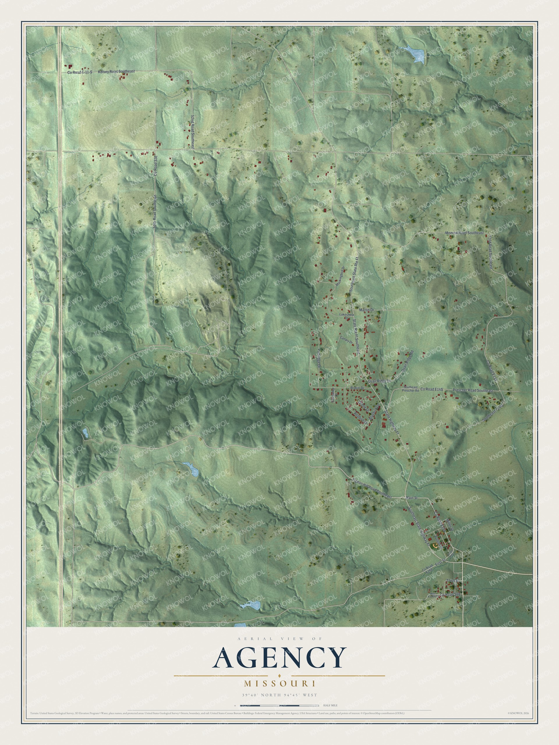 Map of Agency, Missouri with red buildings along Main Street and a neighborhood of streets named for birds, on shaded green hills with small ponds