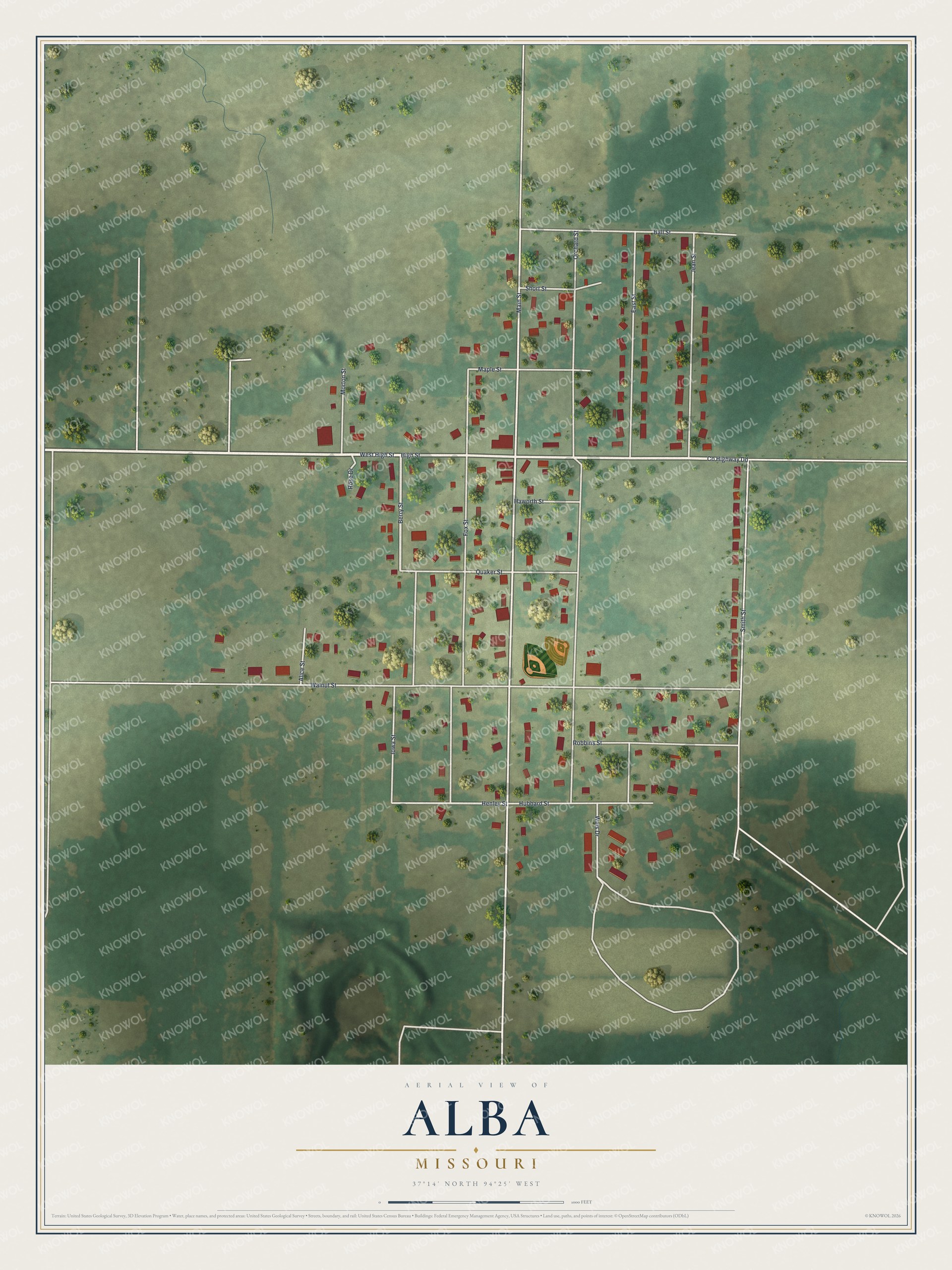 Map of Alba, Missouri with Co Highway Dd crossing the middle, Main Street running north and south, and red buildings on green land
