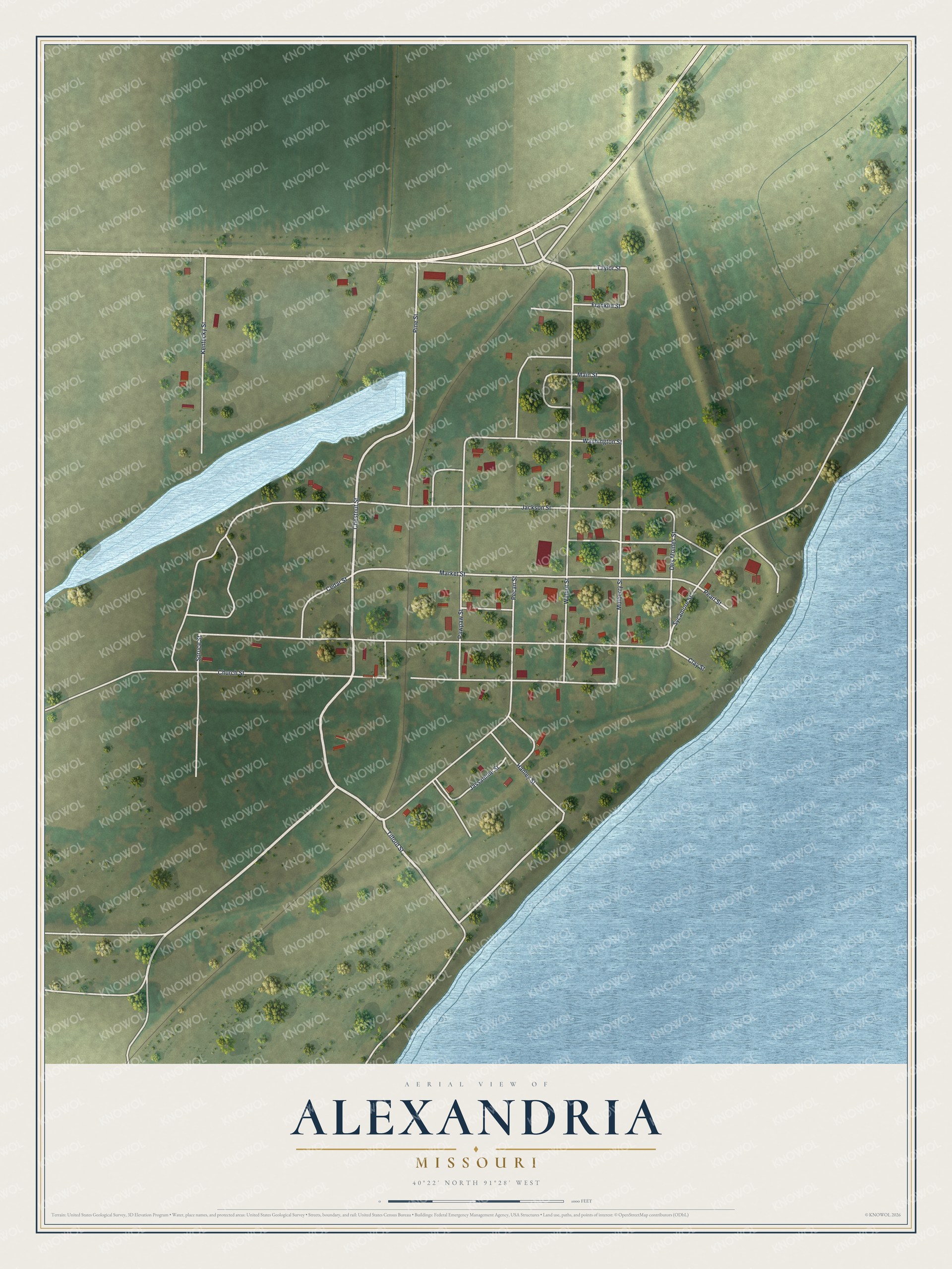Map of Alexandria, Missouri showing its small street grid, red buildings, a long strip of water to the west and a wide river along the east edge
