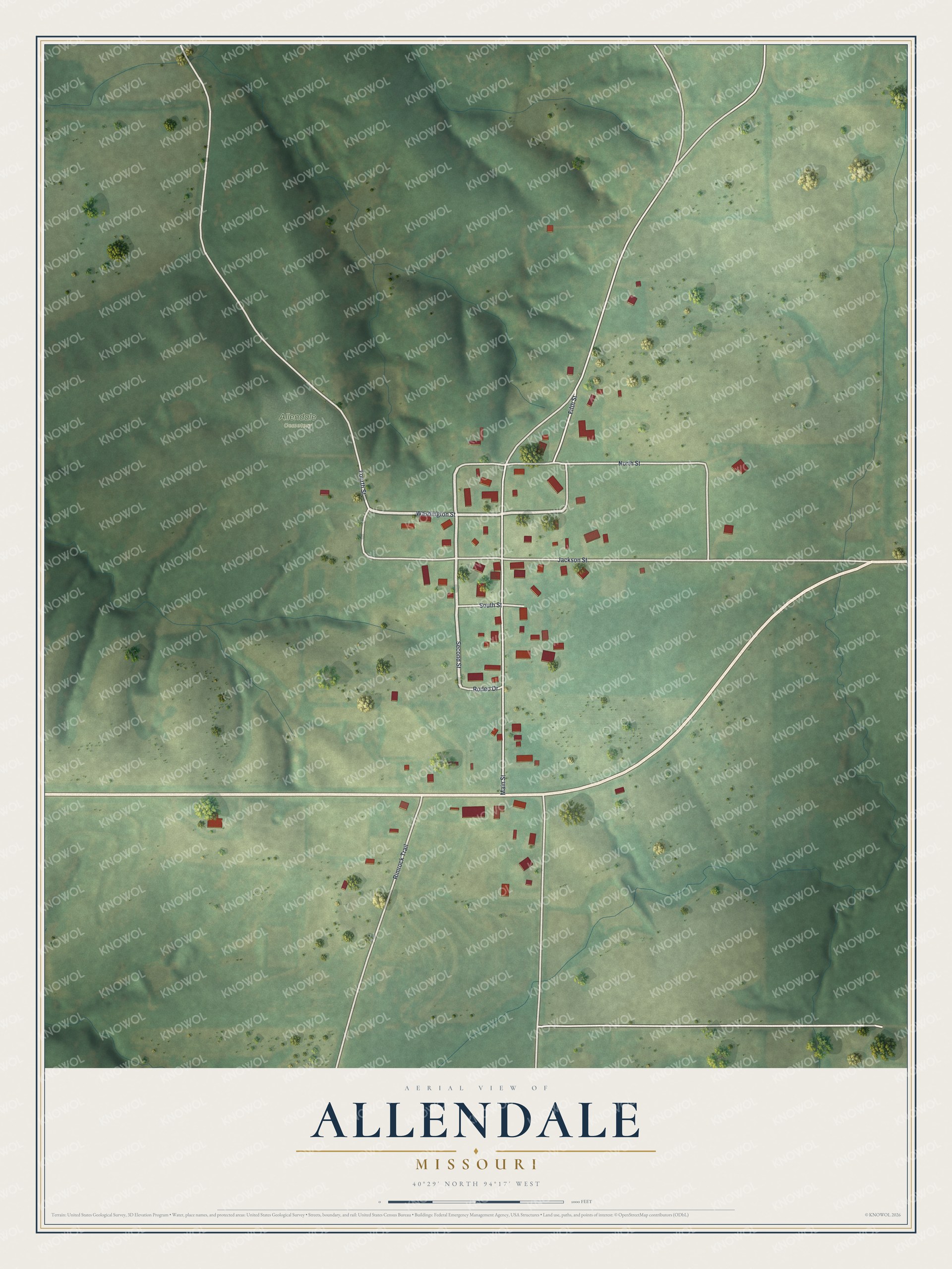 Map of Allendale, Missouri with Main Street running north and south through a small grid, red buildings and shaded green hills