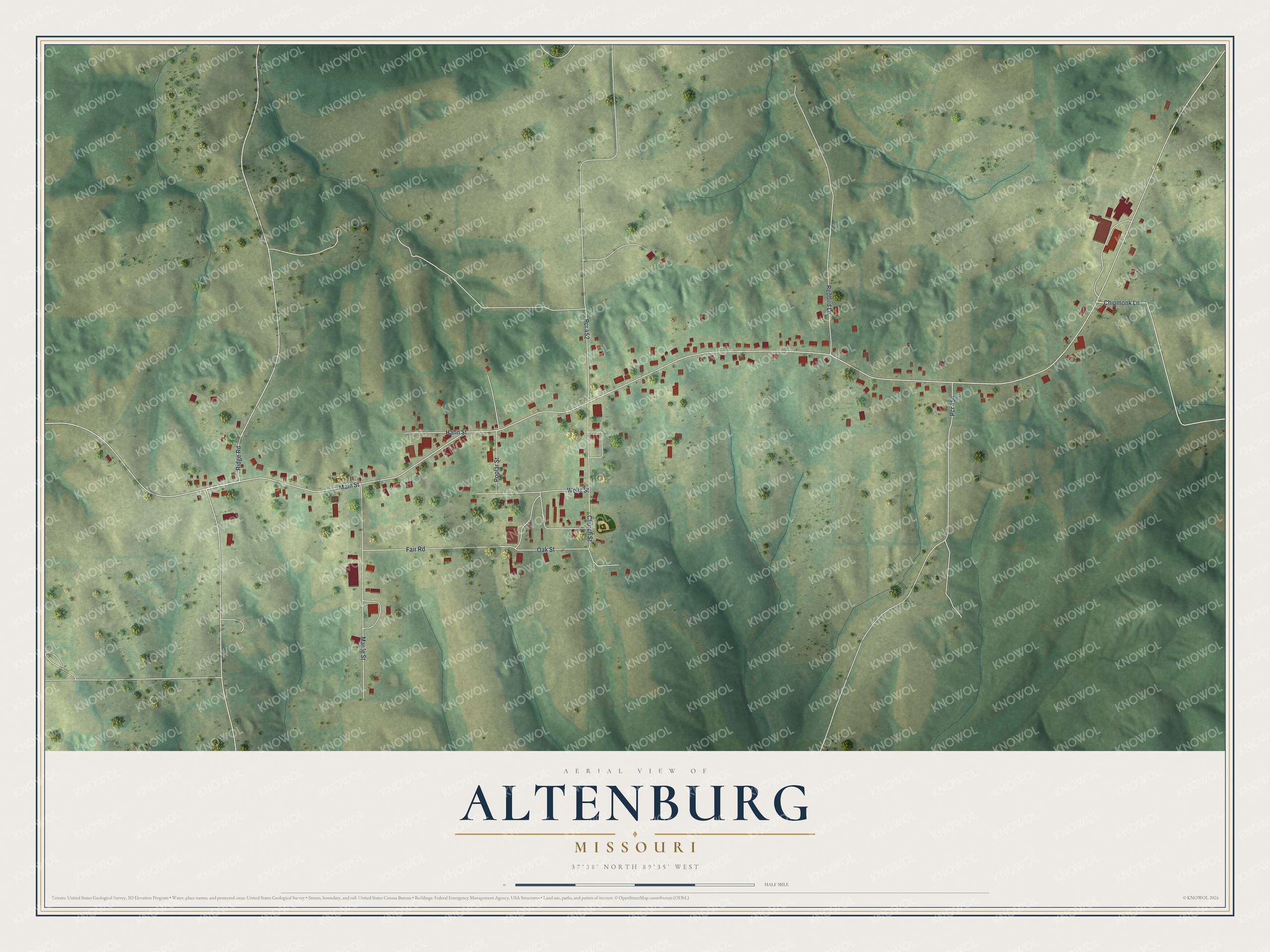 Map of Altenburg, Missouri with red buildings along Main Street and shaded green hills and valleys on every side