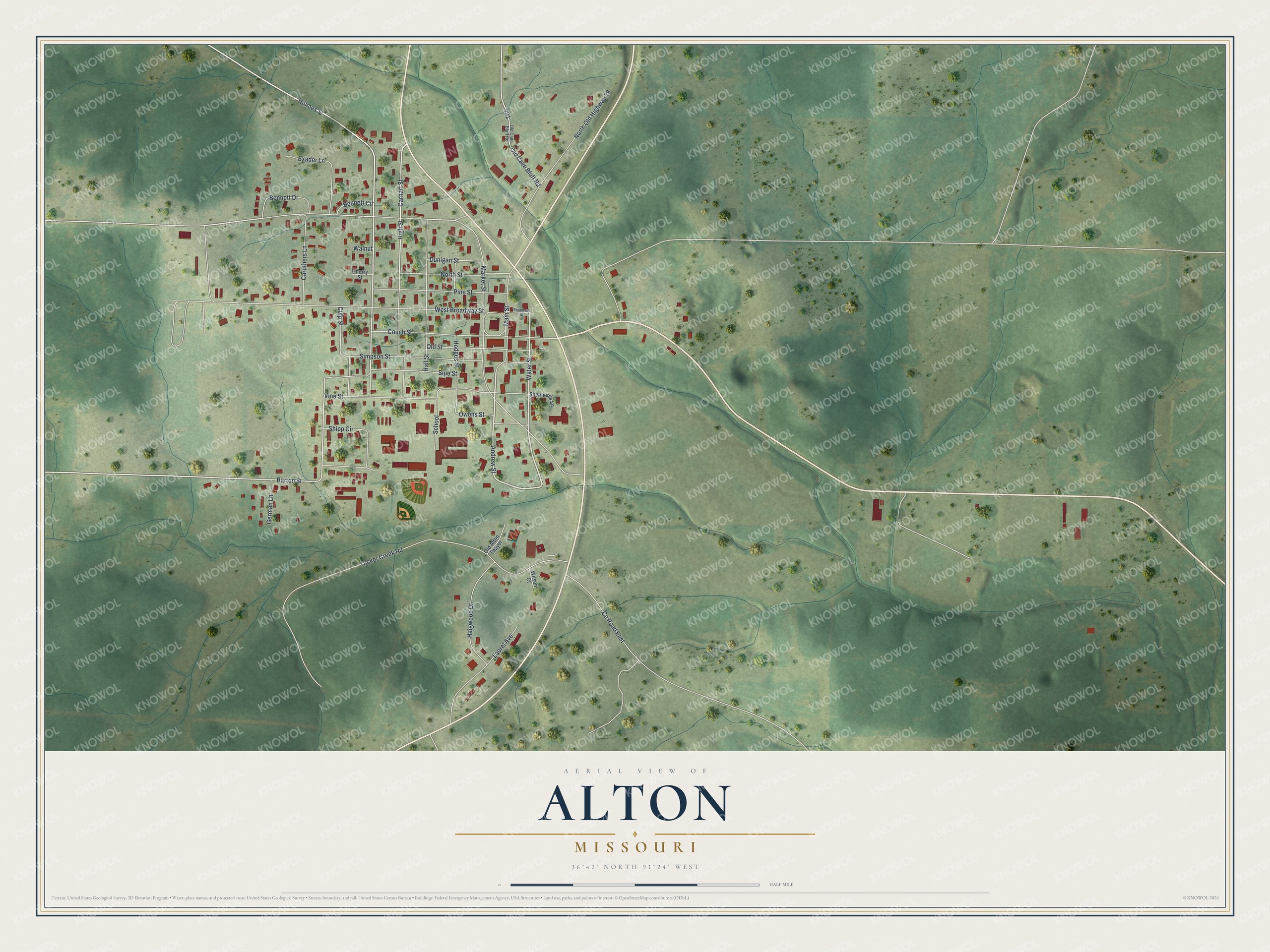 Map of Alton, Missouri with red buildings in the upper left, white roads on green hills, and open country with blue creeks to the east