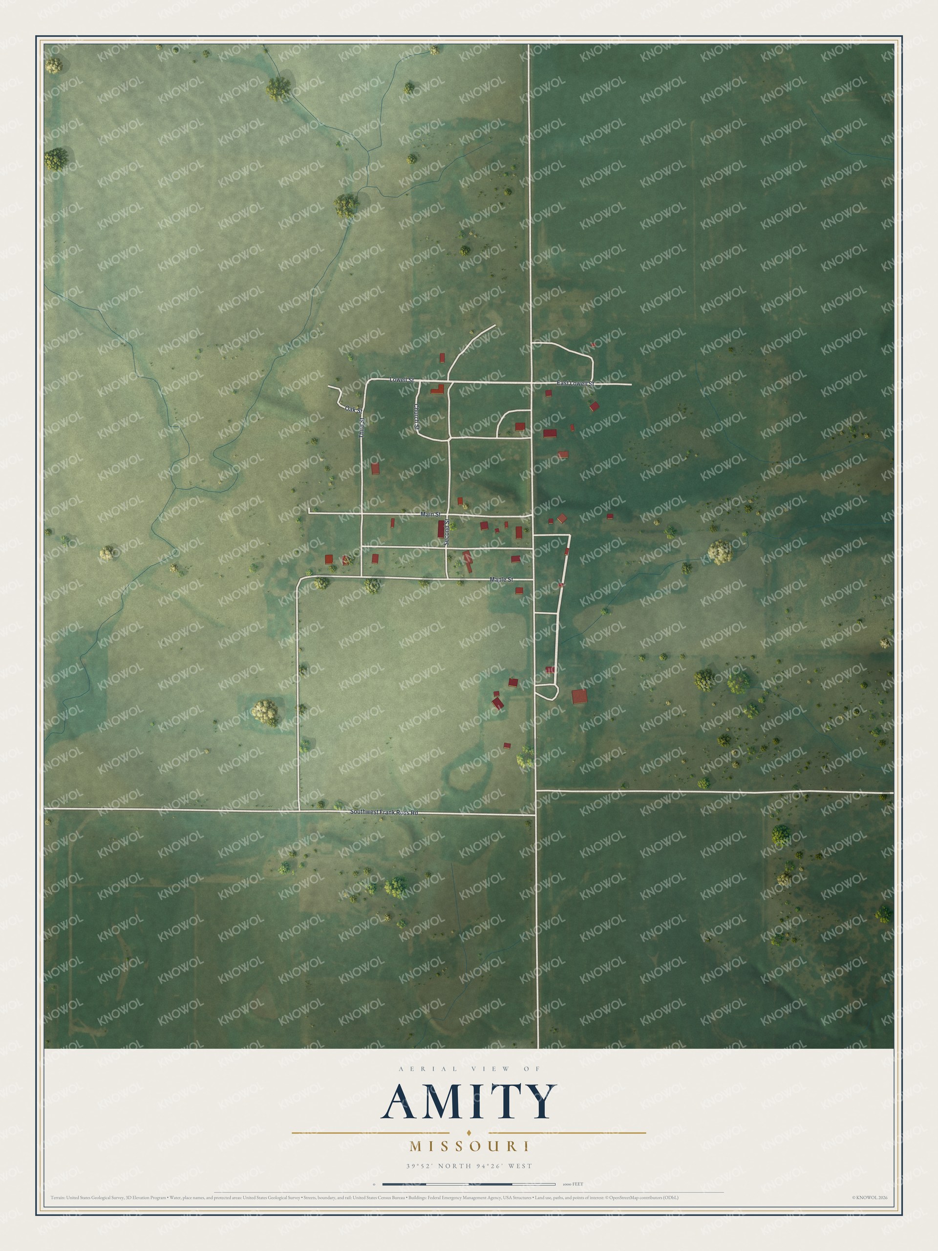 Map of Amity, Missouri showing a small grid of streets with red buildings in the center, green fields, straight country roads and blue creeks to the west