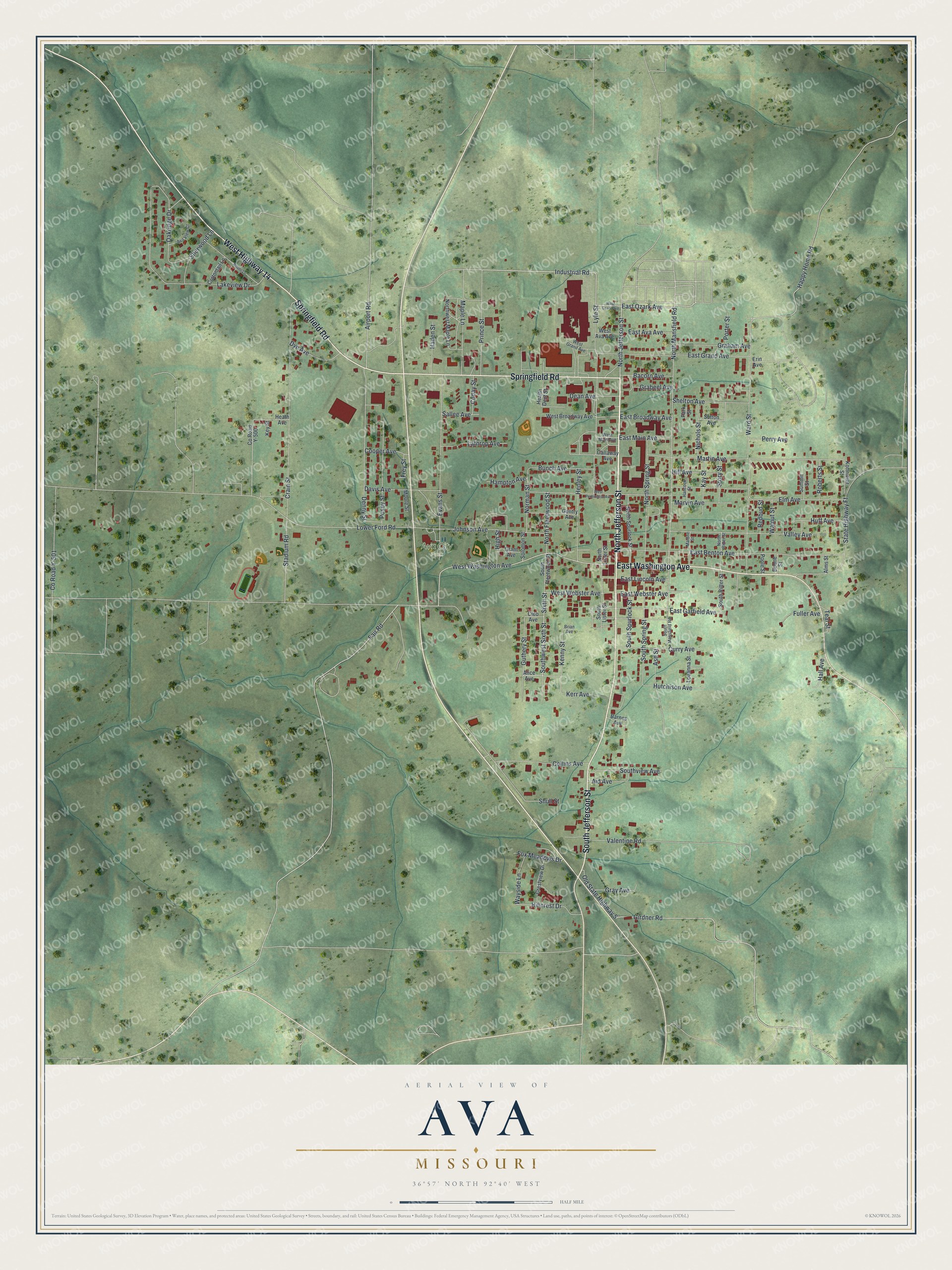 Watermarked full-map preview of Ava, Missouri