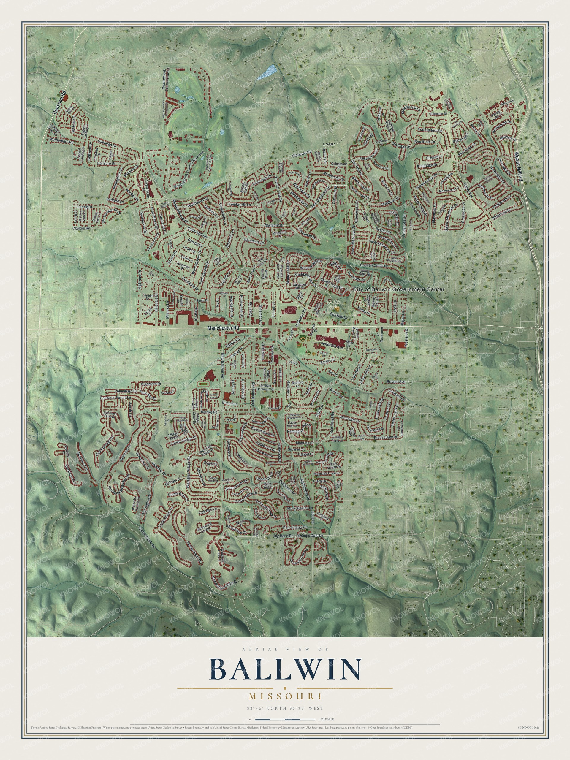 Watermarked full-map preview of Ballwin, Missouri
