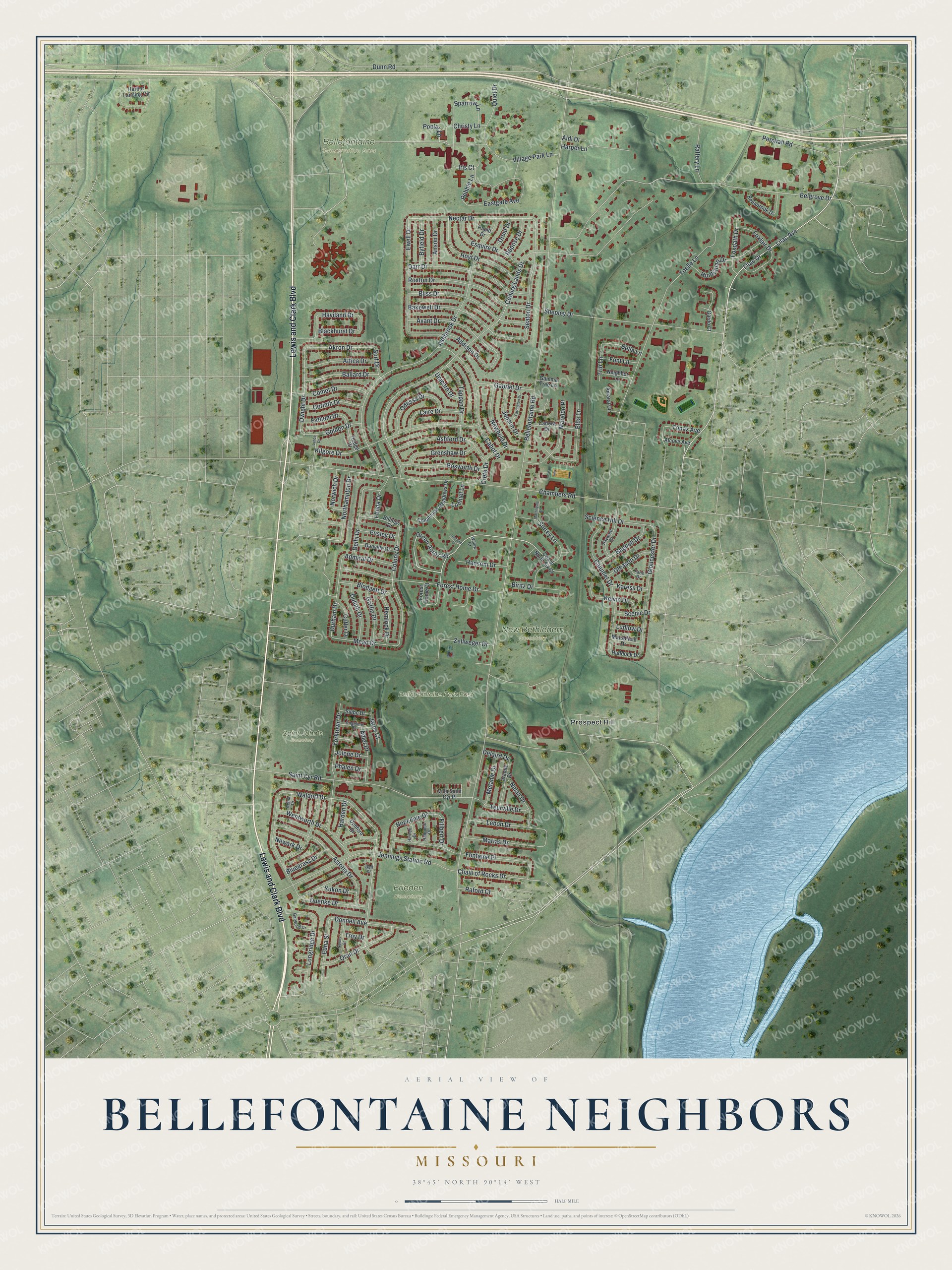 Watermarked full-map preview of Bellefontaine Neighbors, Missouri