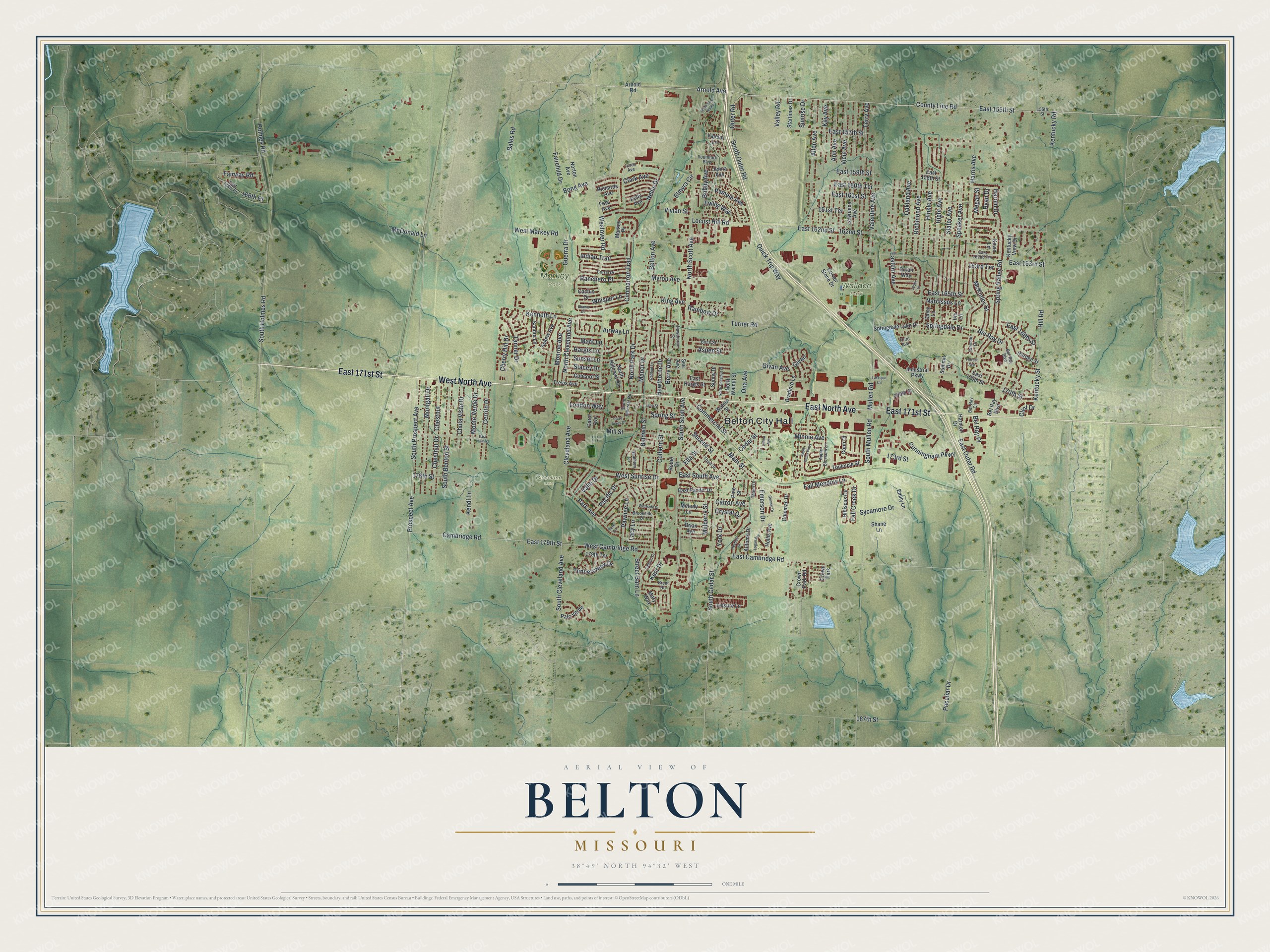 Map of Belton, Missouri with dark red buildings around City Hall and North Avenue, green shaded hills and small blue lakes