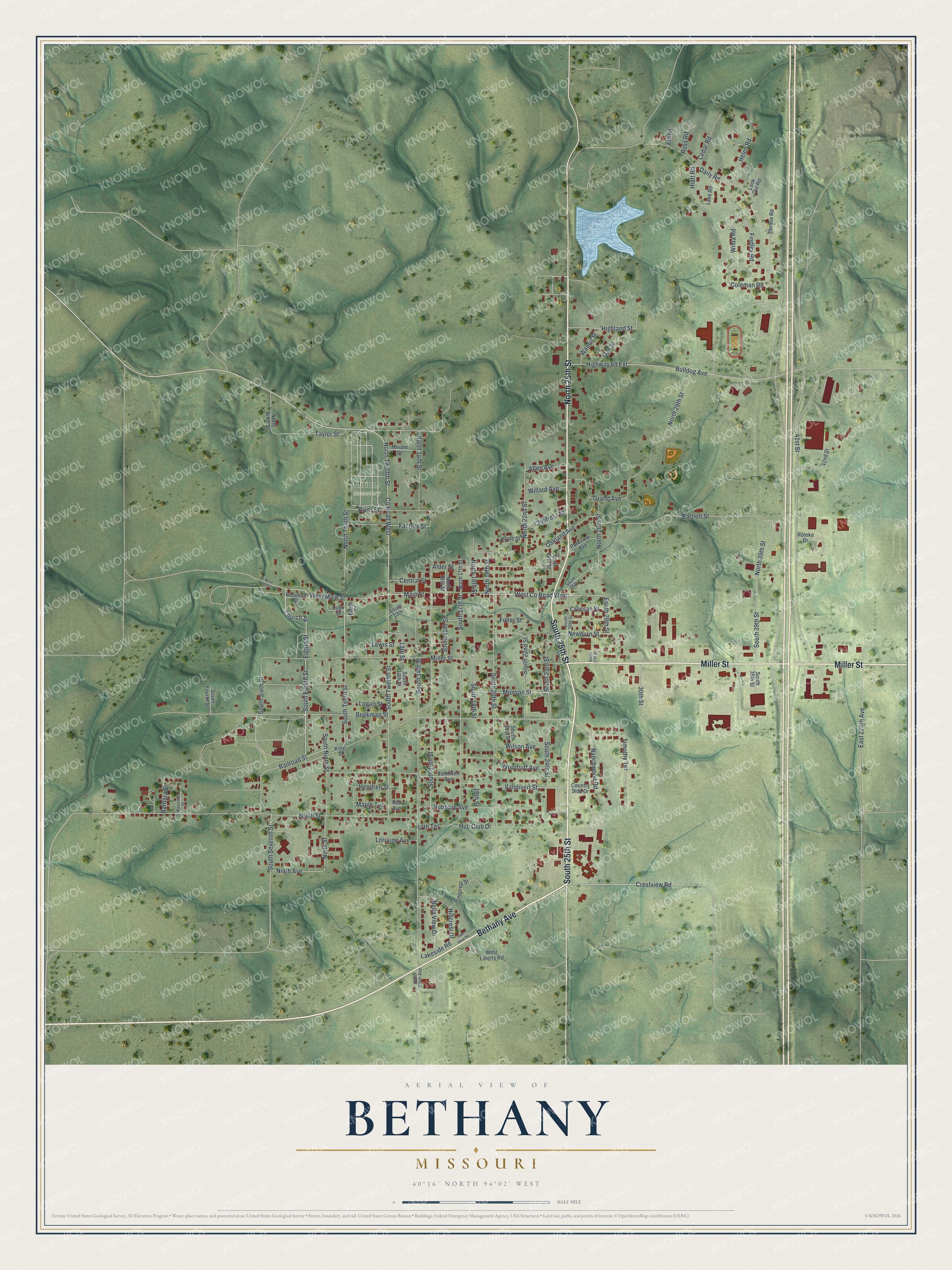 Aerial-style map of Bethany, Missouri with red buildings, shaded green hills, a small blue lake and a title panel