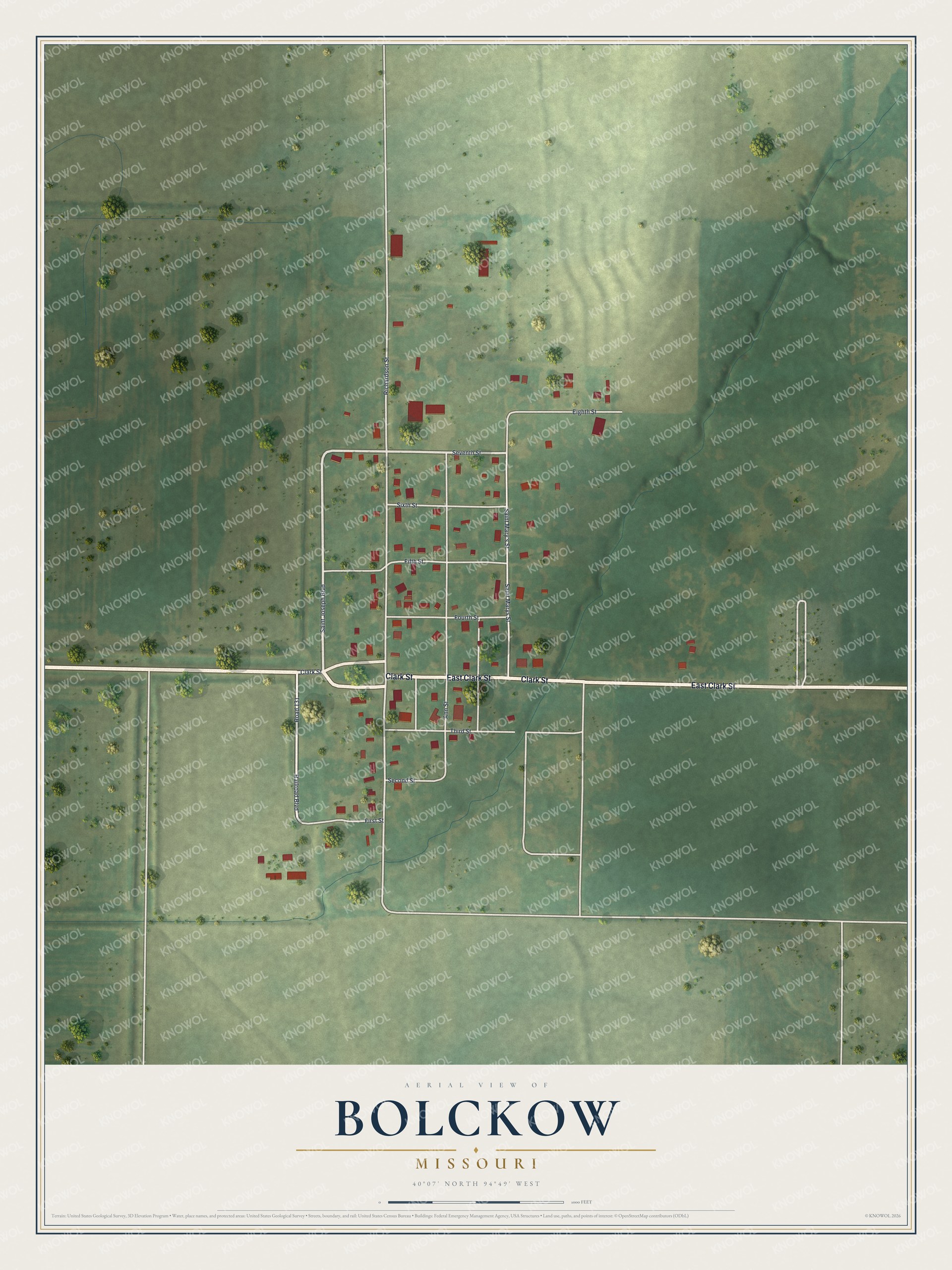 Map of Bolckow, Missouri showing a small street grid with red buildings, a winding creek and green farm fields