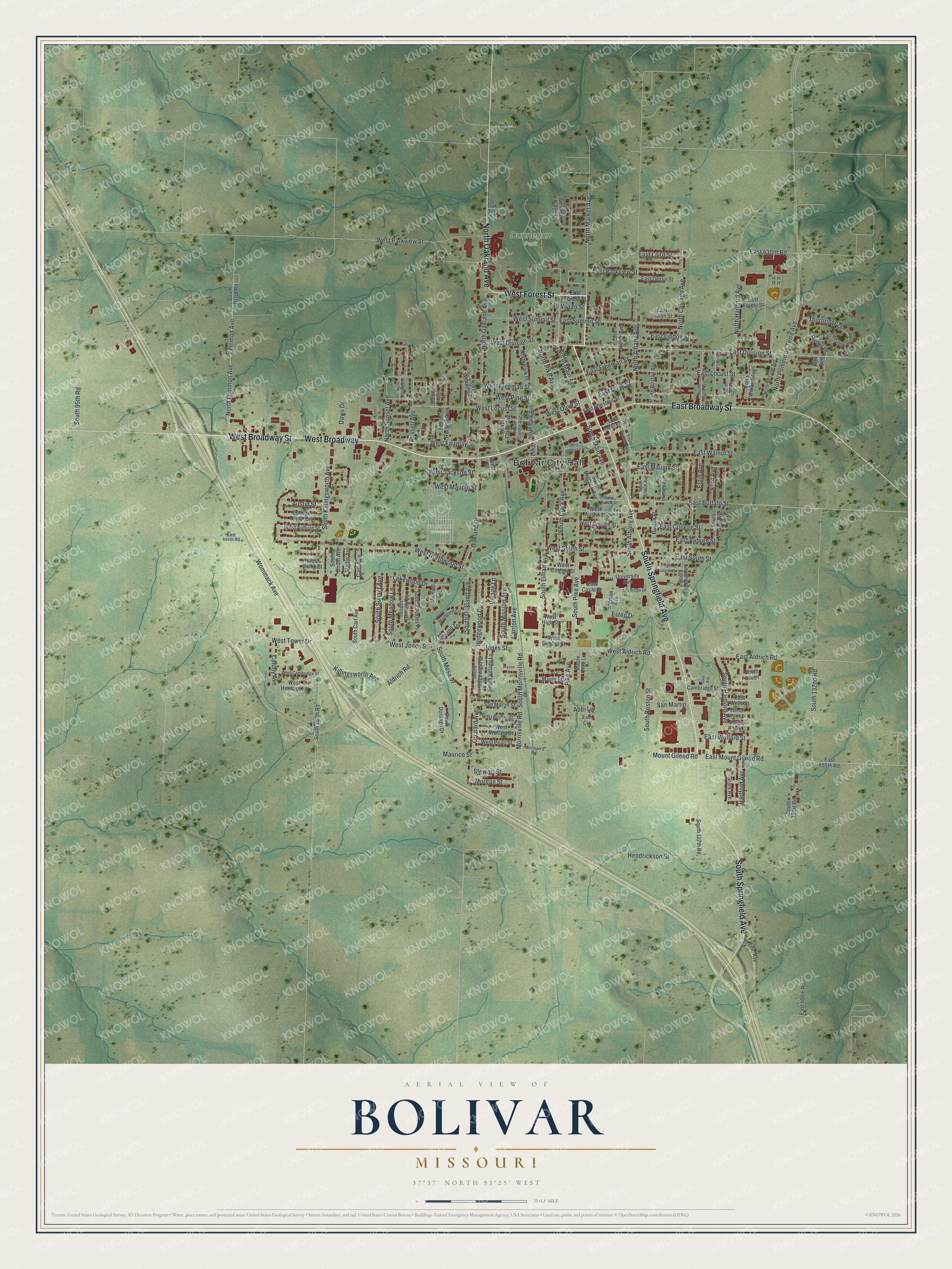 Full Bolivar, Missouri map with red building shapes, green fields, blue creeks and a cream title panel