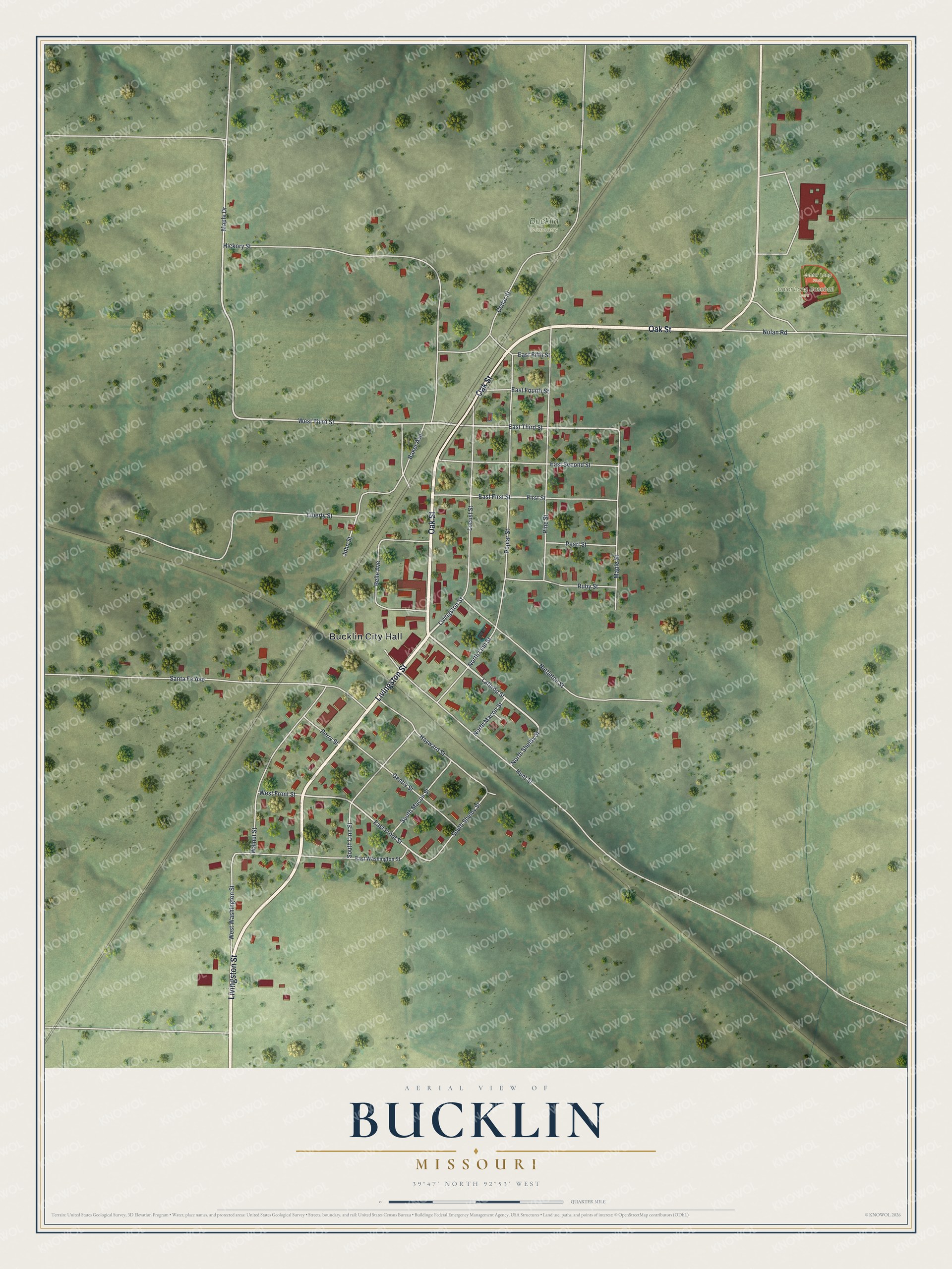 Map of Bucklin, Missouri with Oak and Livingston streets, a rail line, Bucklin Cemetery and Junior Long Field on green farmland