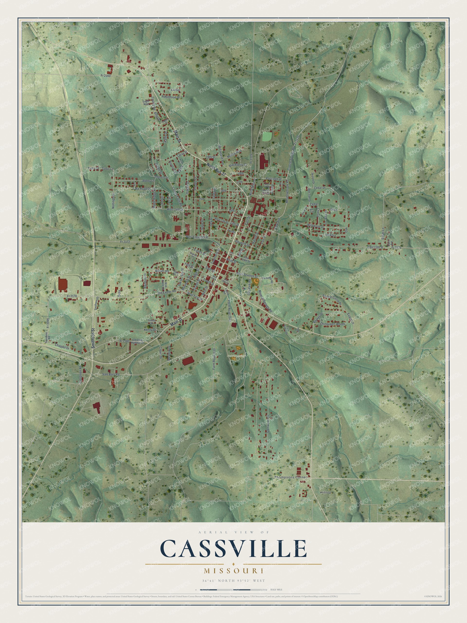 Map of Cassville, Missouri with red buildings along Main Street on green shaded hills, Oak Hill Cemetery east of downtown and Thompsons Corner at the bottom right
