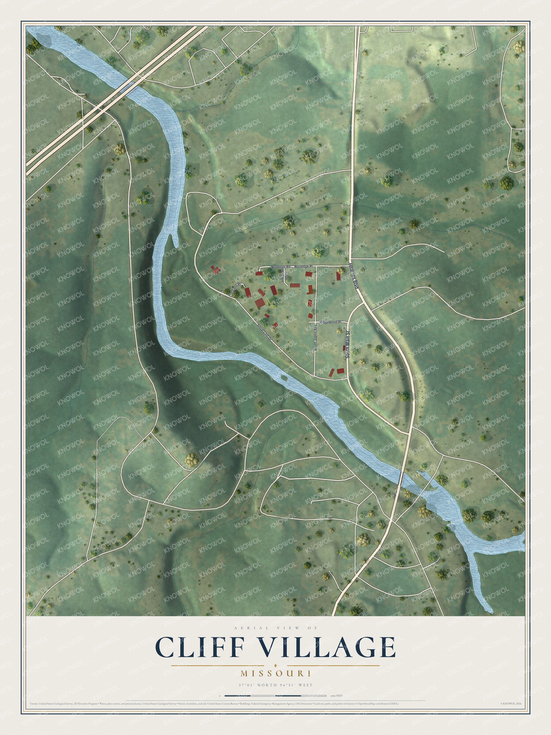 Watermarked full-map preview of Cliff Village, Missouri