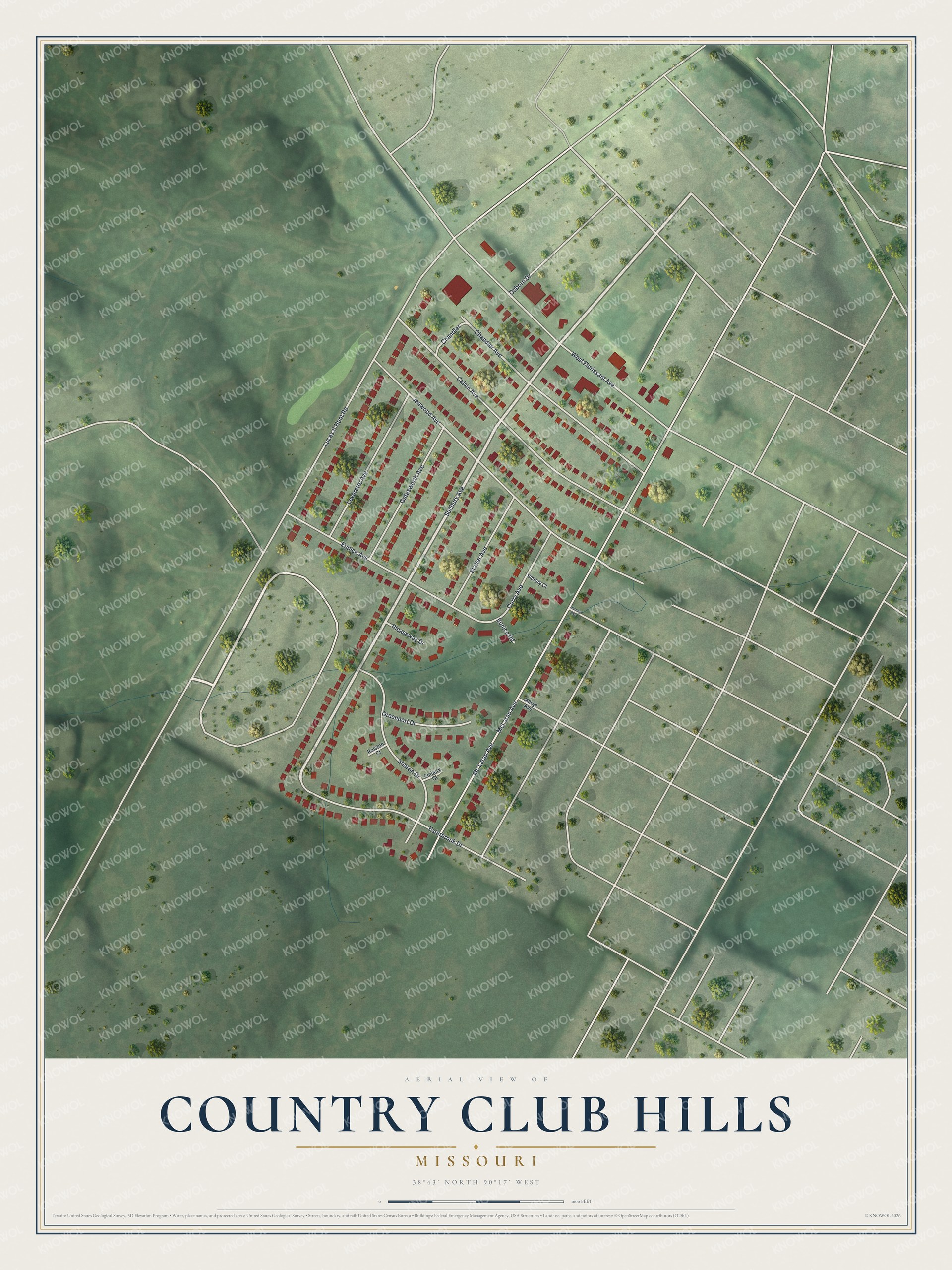 Watermarked full-map preview of Country Club Hills, Missouri