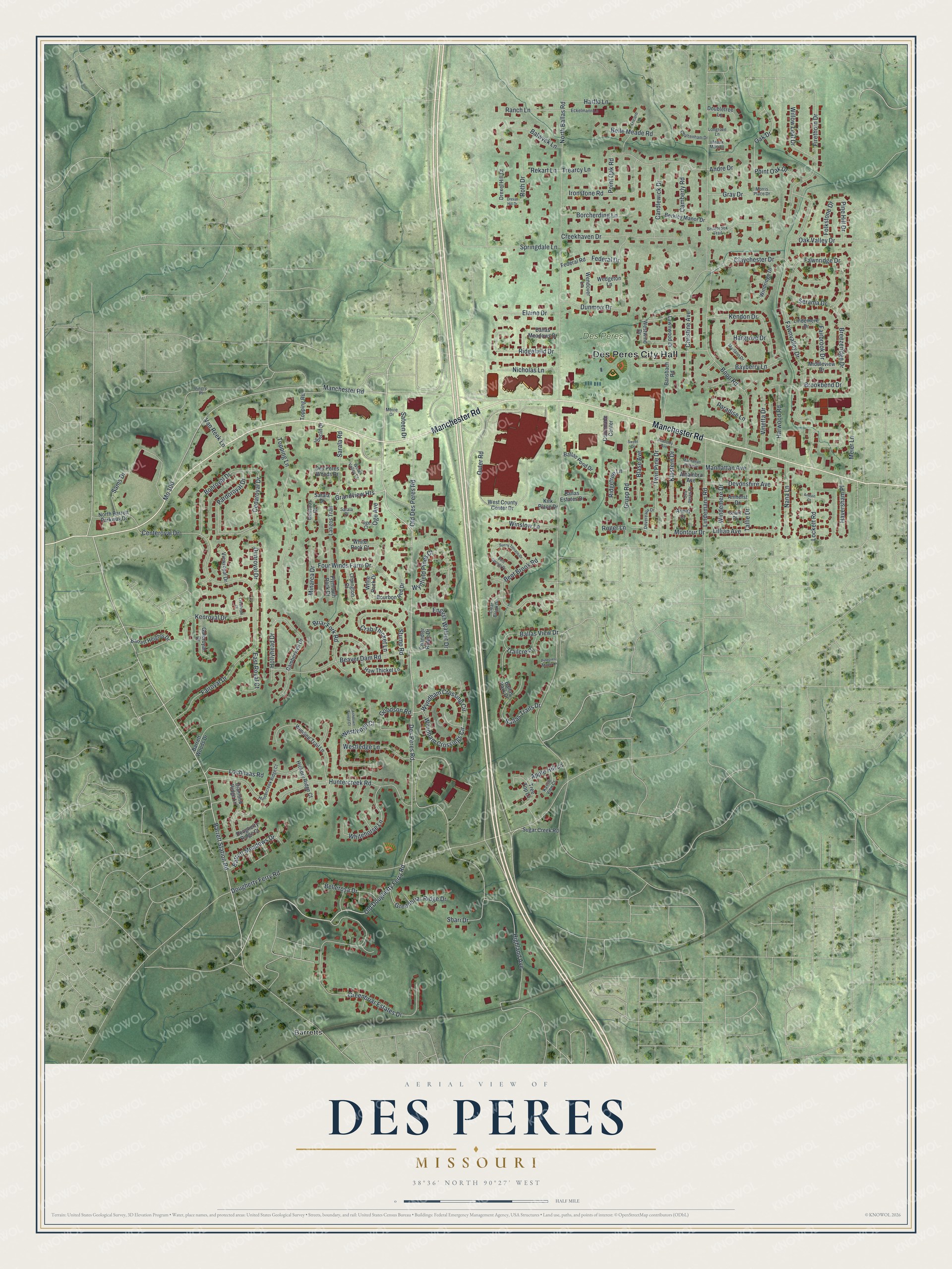 Watermarked full-map preview of Des Peres, Missouri