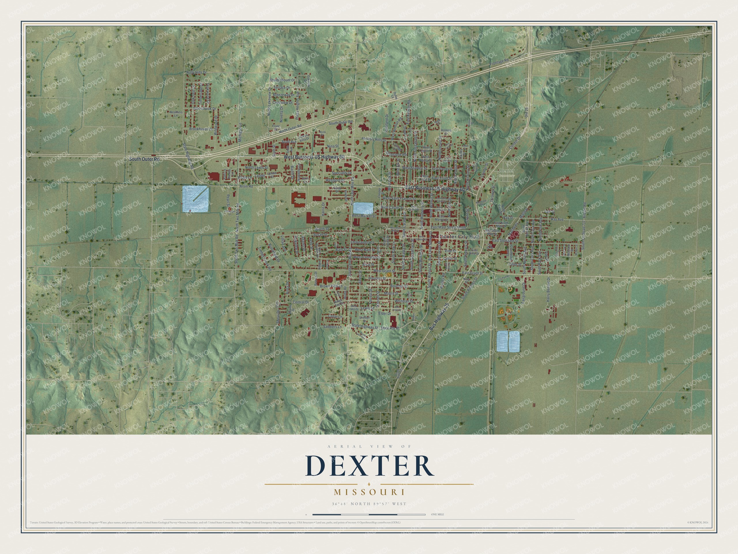 Watermarked full-map preview of Dexter, Missouri