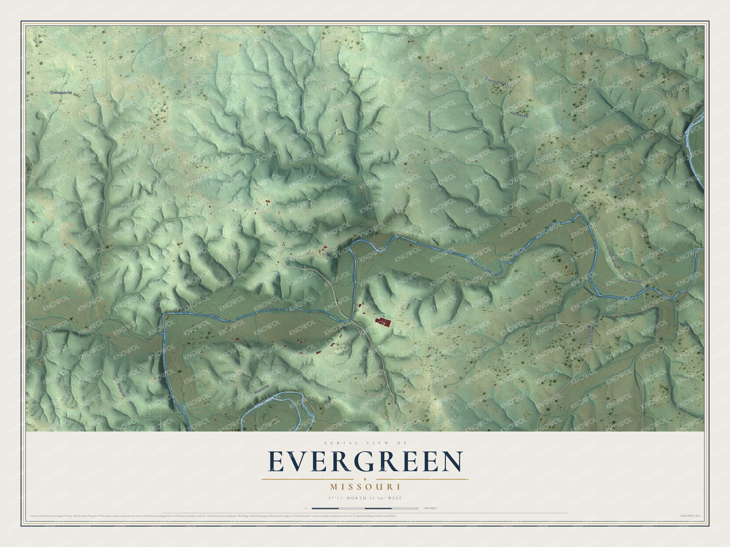 Watermarked full-map preview of Evergreen, Missouri