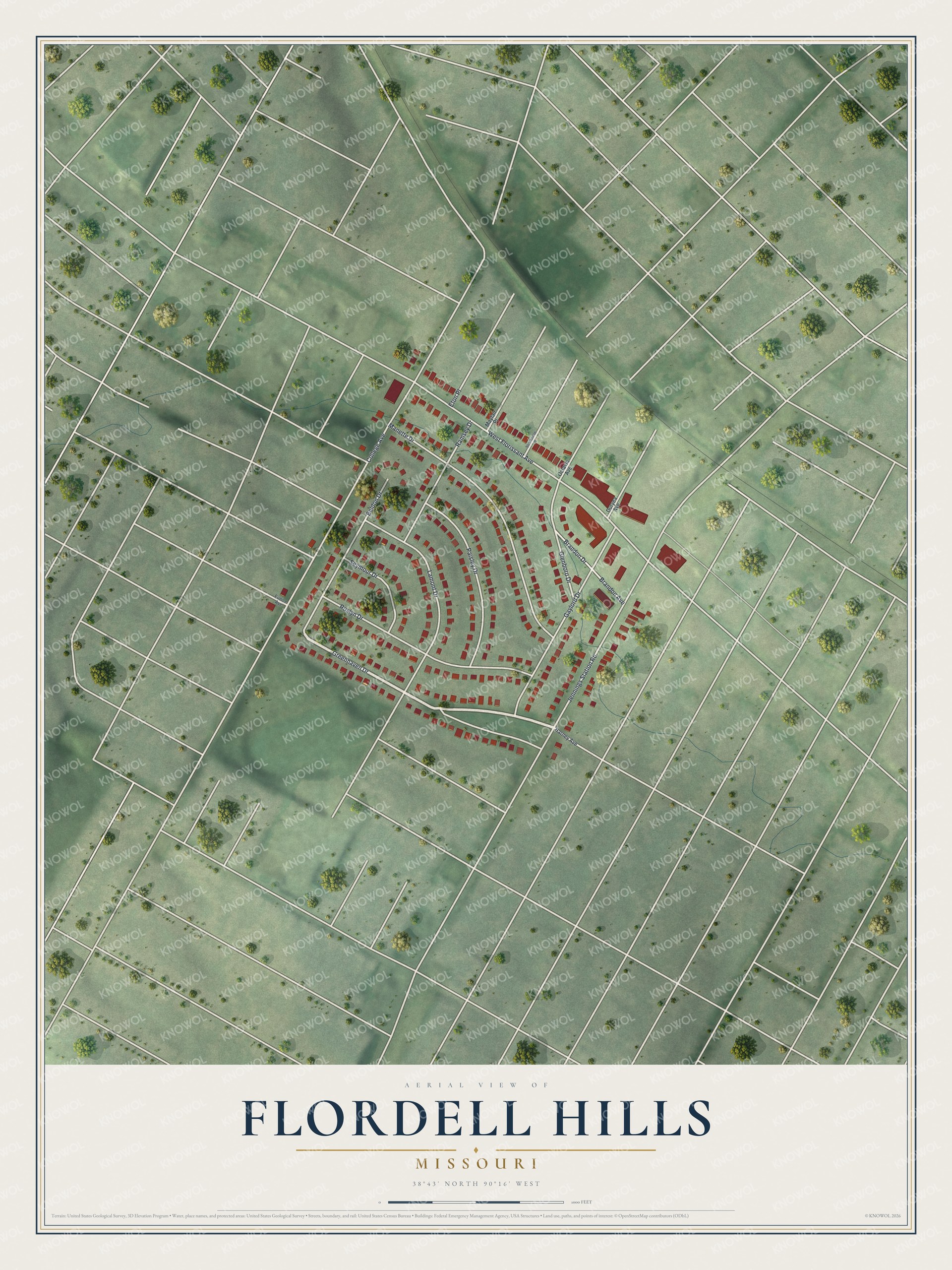 Watermarked full-map preview of Flordell Hills, Missouri