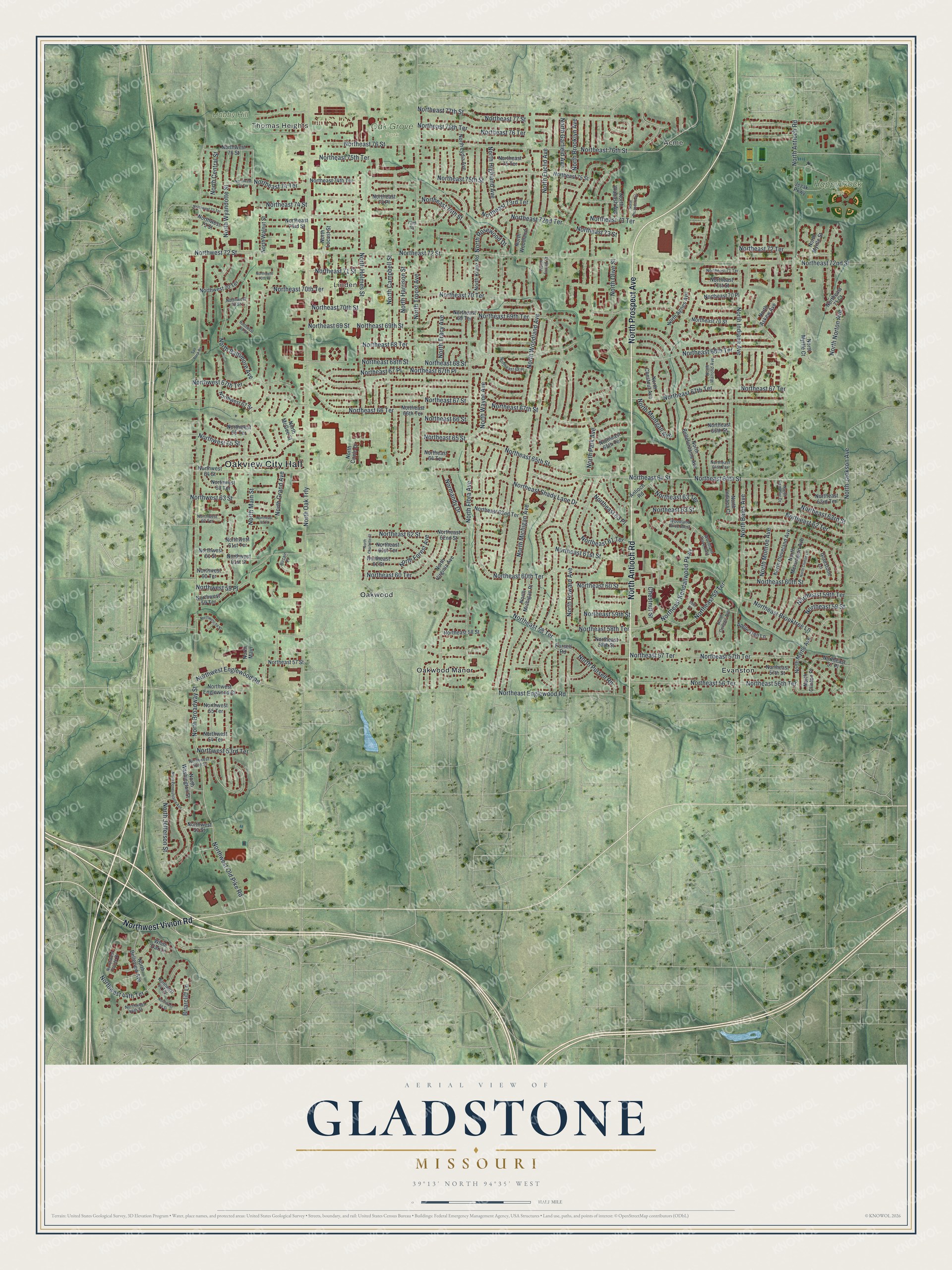 Watermarked full-map preview of Gladstone, Missouri