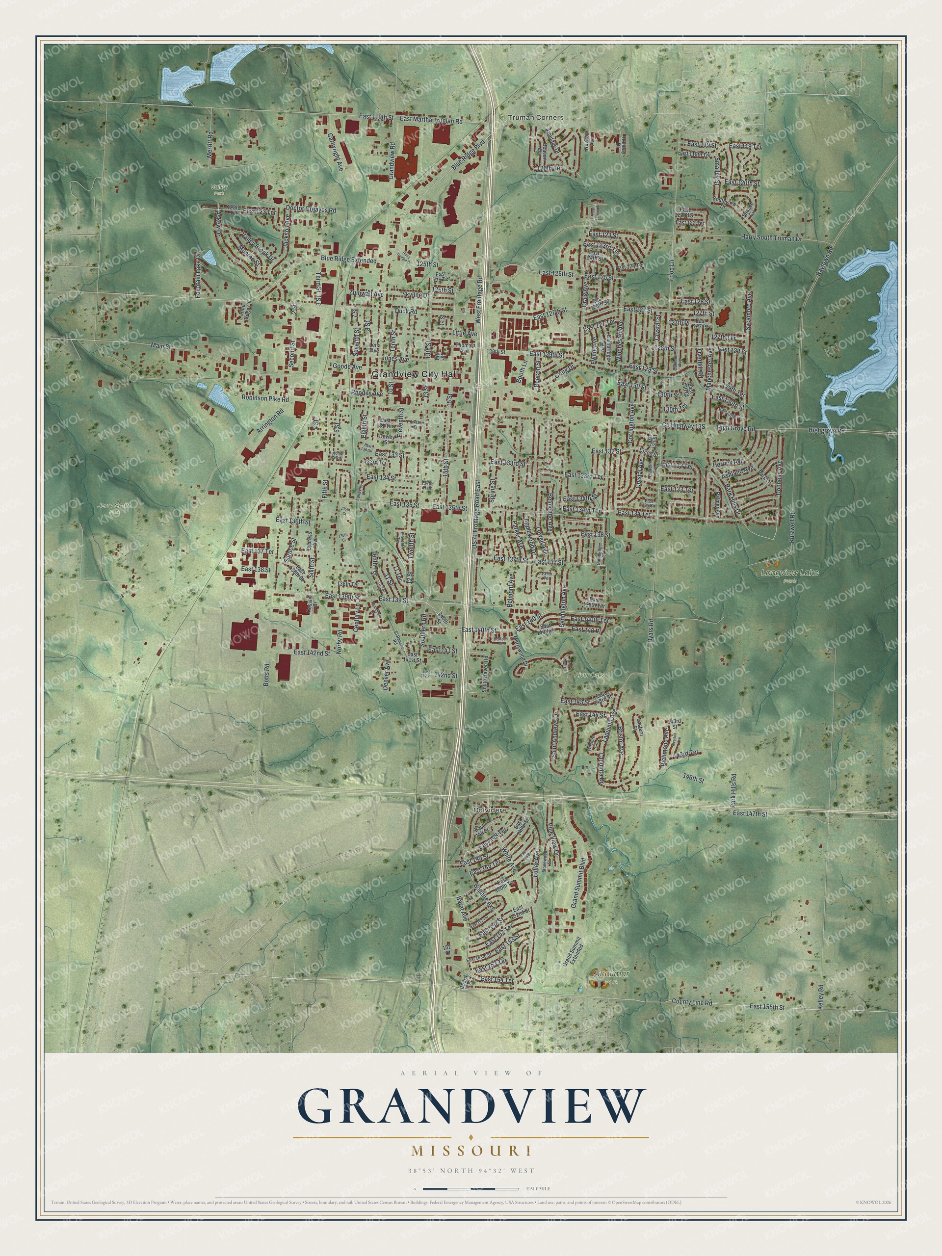 Watermarked full-map preview of Grandview, Missouri