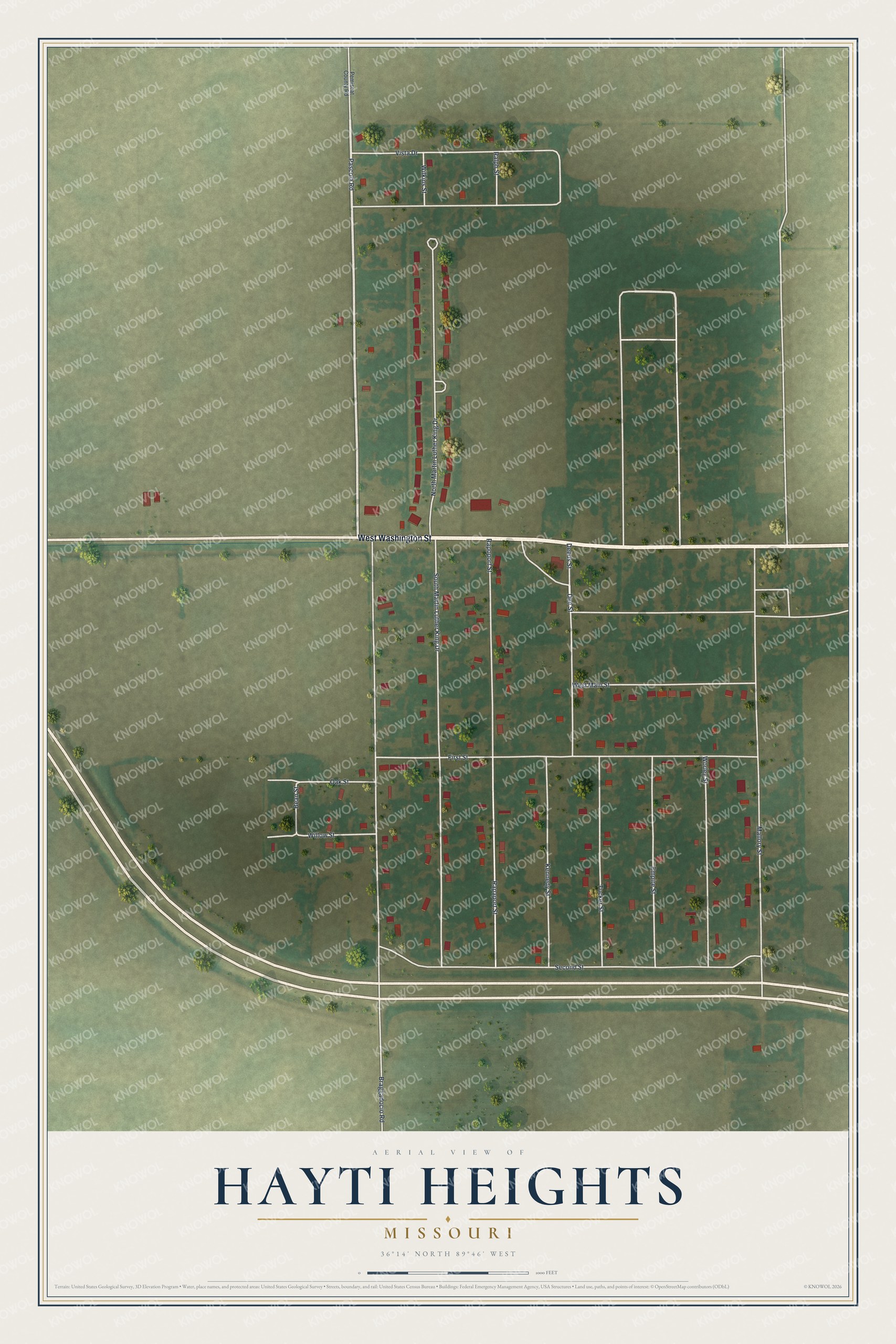 Watermarked full-map preview of Hayti Heights, Missouri