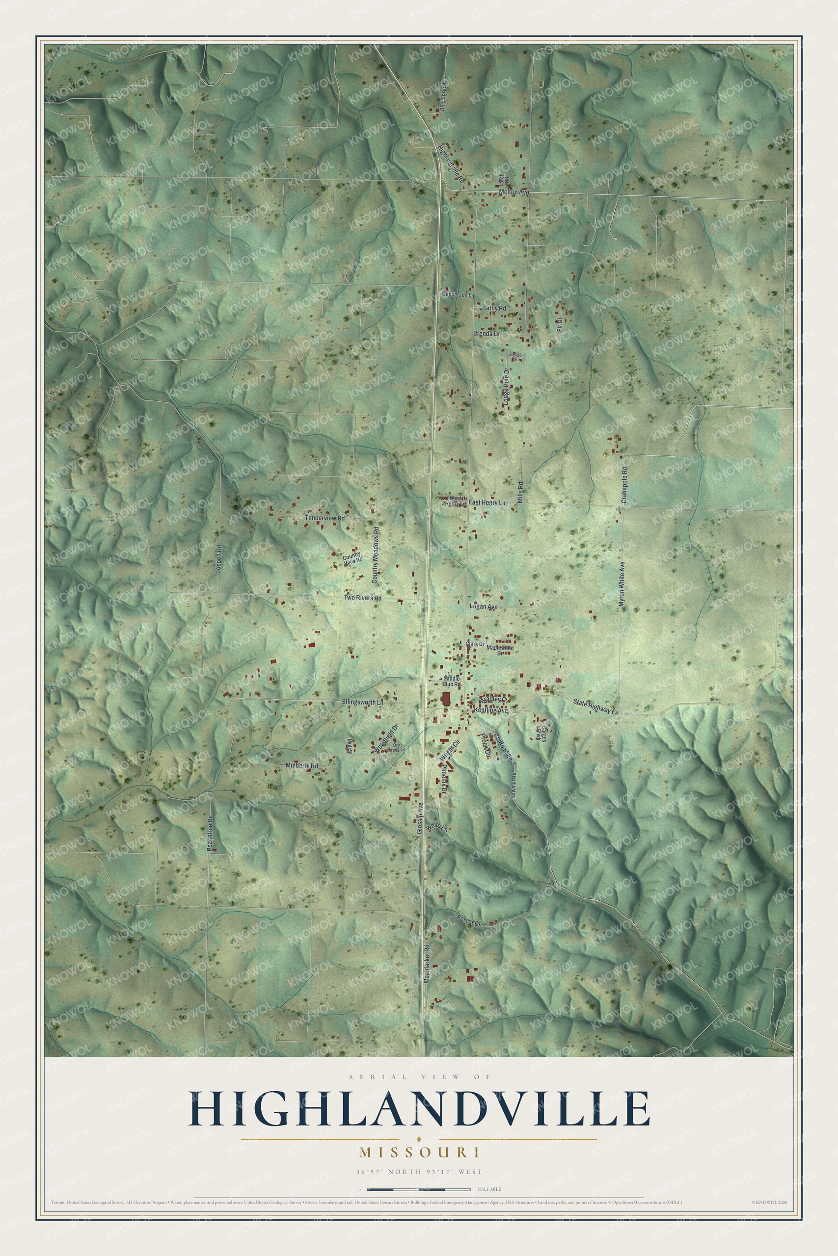 Watermarked full-map preview of Highlandville, Missouri