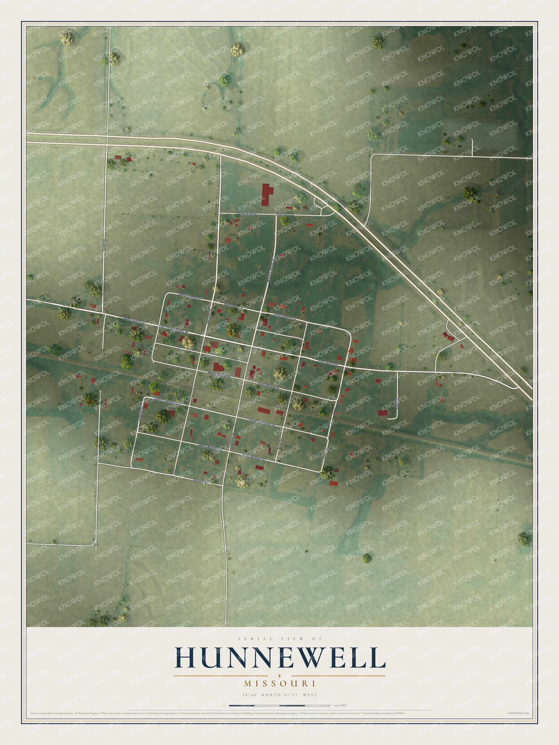 Watermarked full-map preview of Hunnewell, Missouri