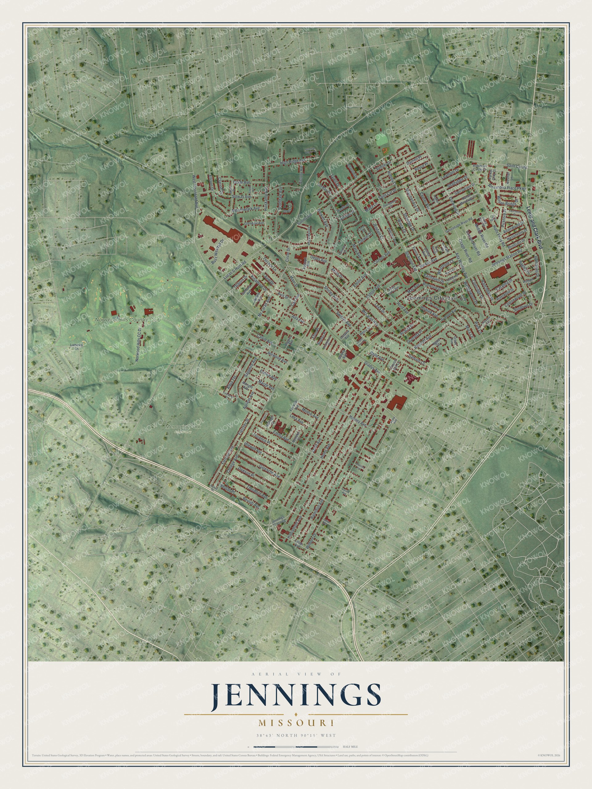 Watermarked full-map preview of Jennings, Missouri