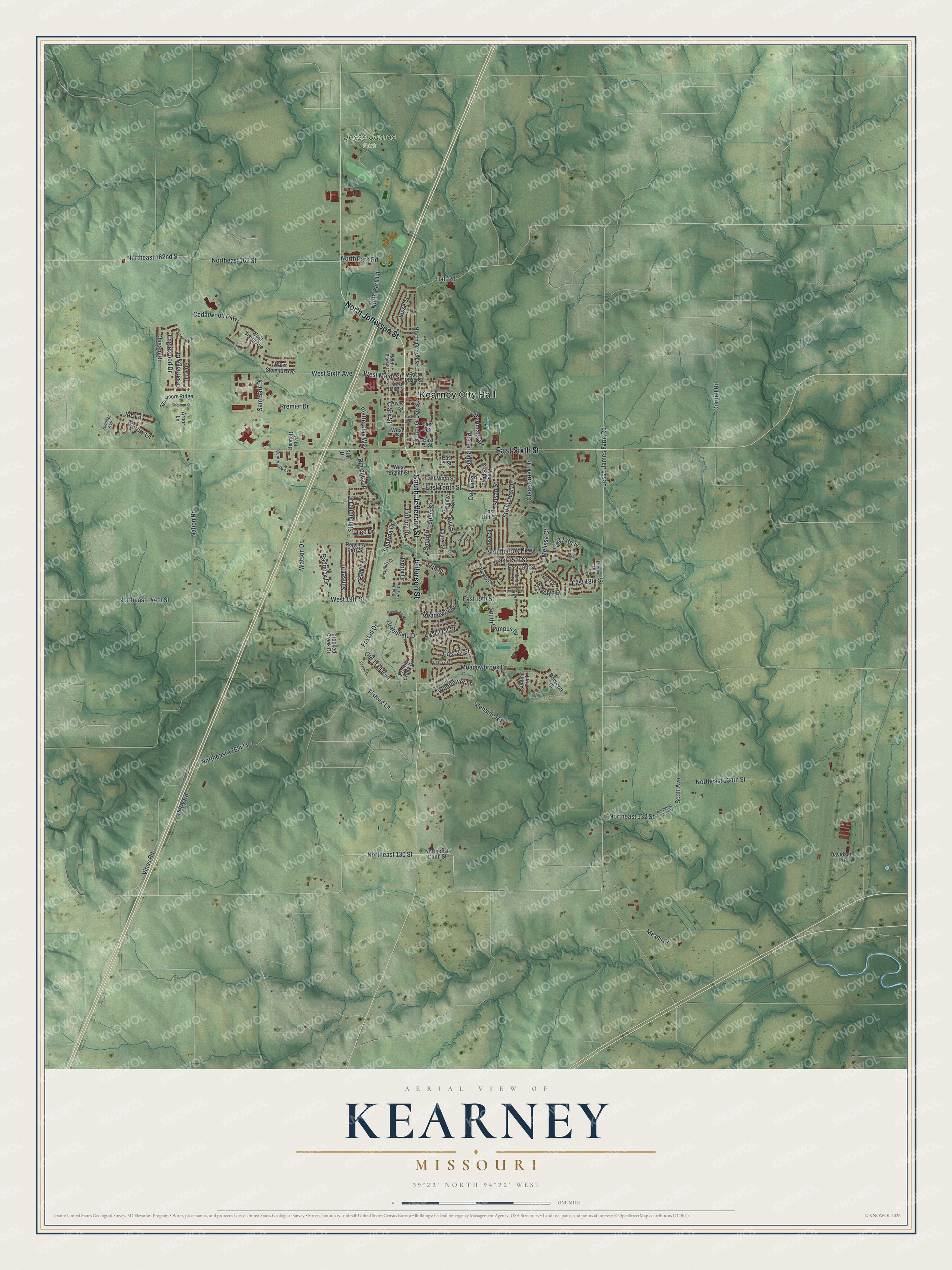Watermarked full-map preview of Kearney, Missouri