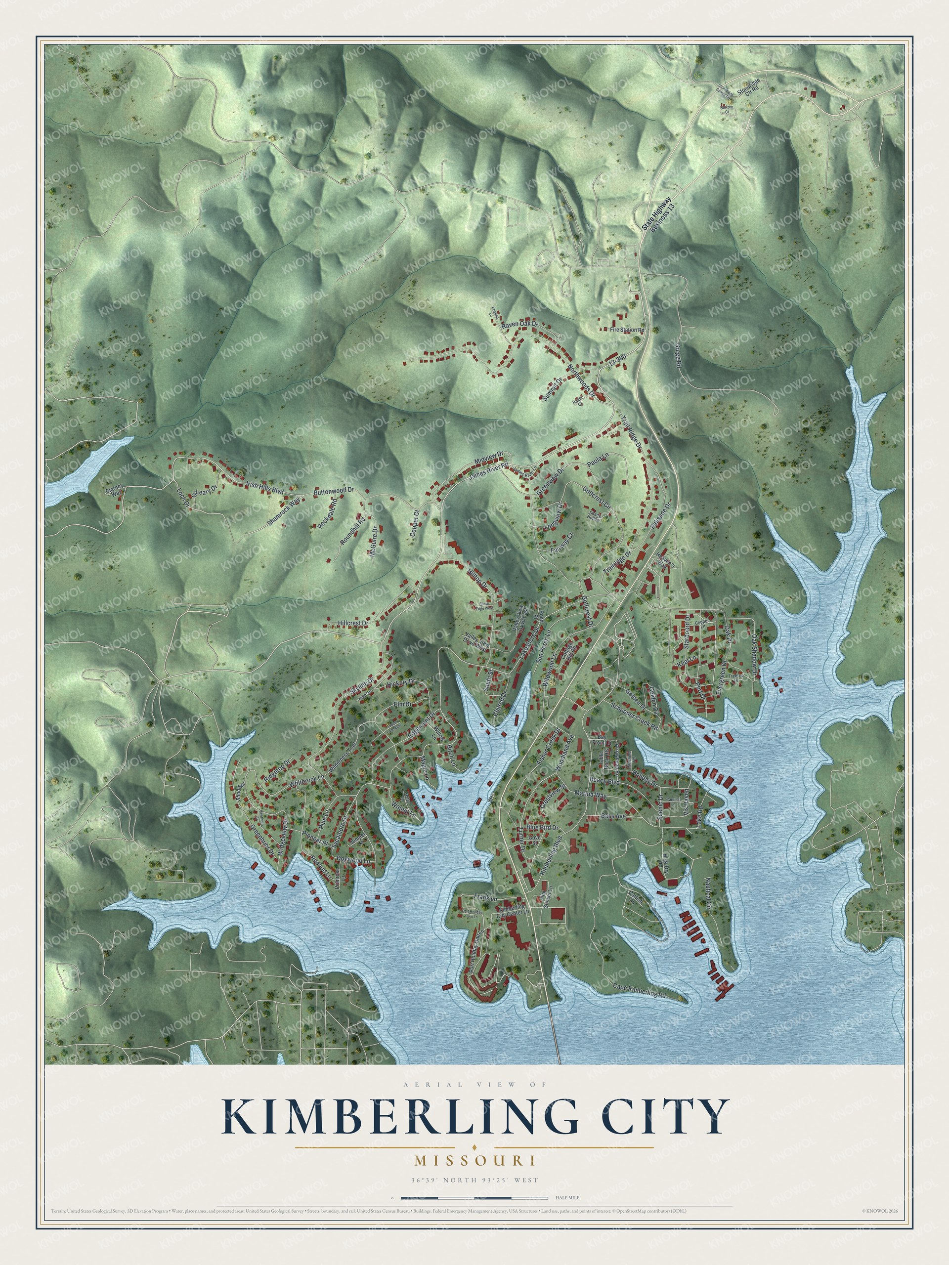 Watermarked full-map preview of Kimberling City, Missouri