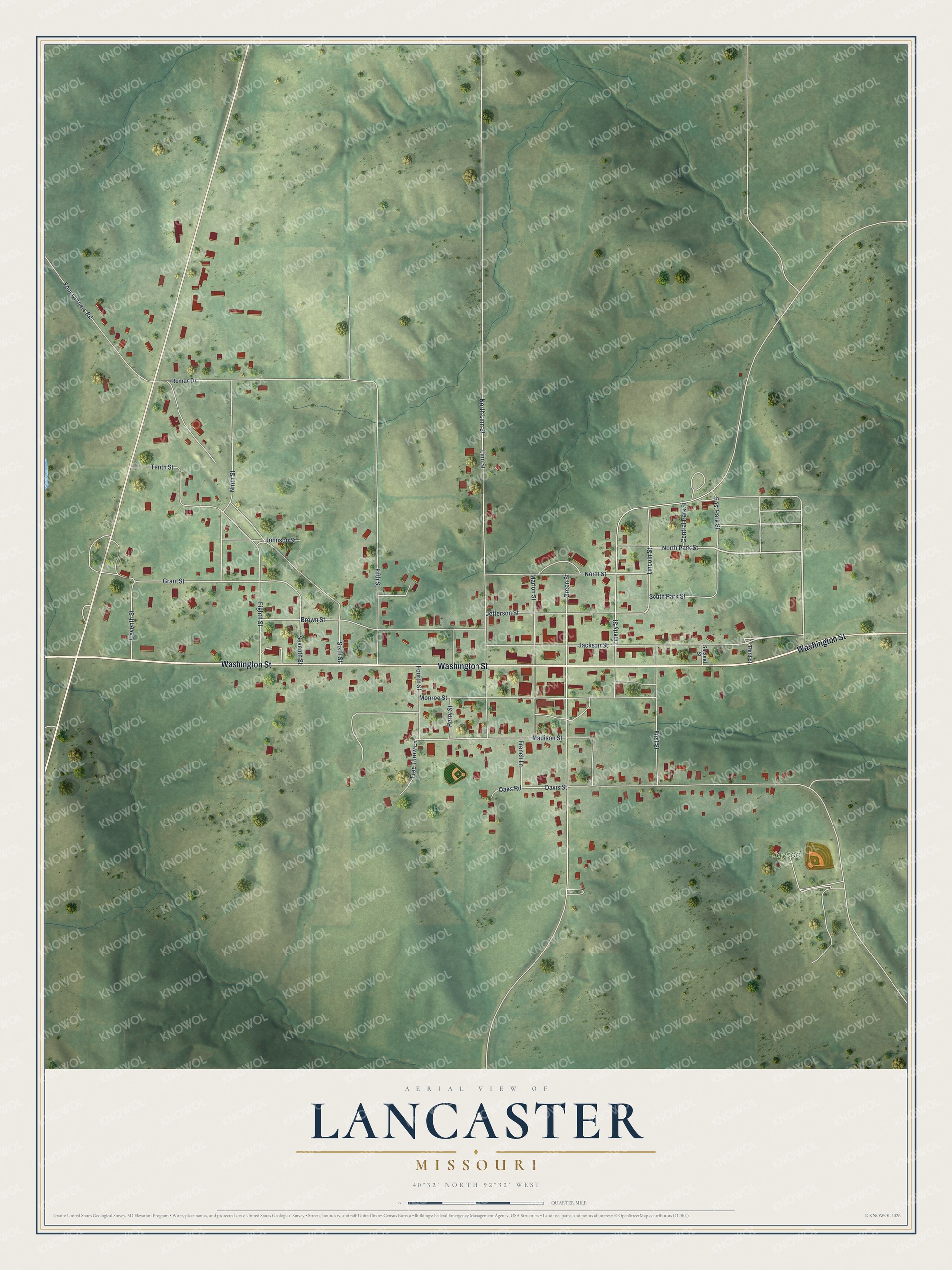 Watermarked full-map preview of Lancaster, Missouri