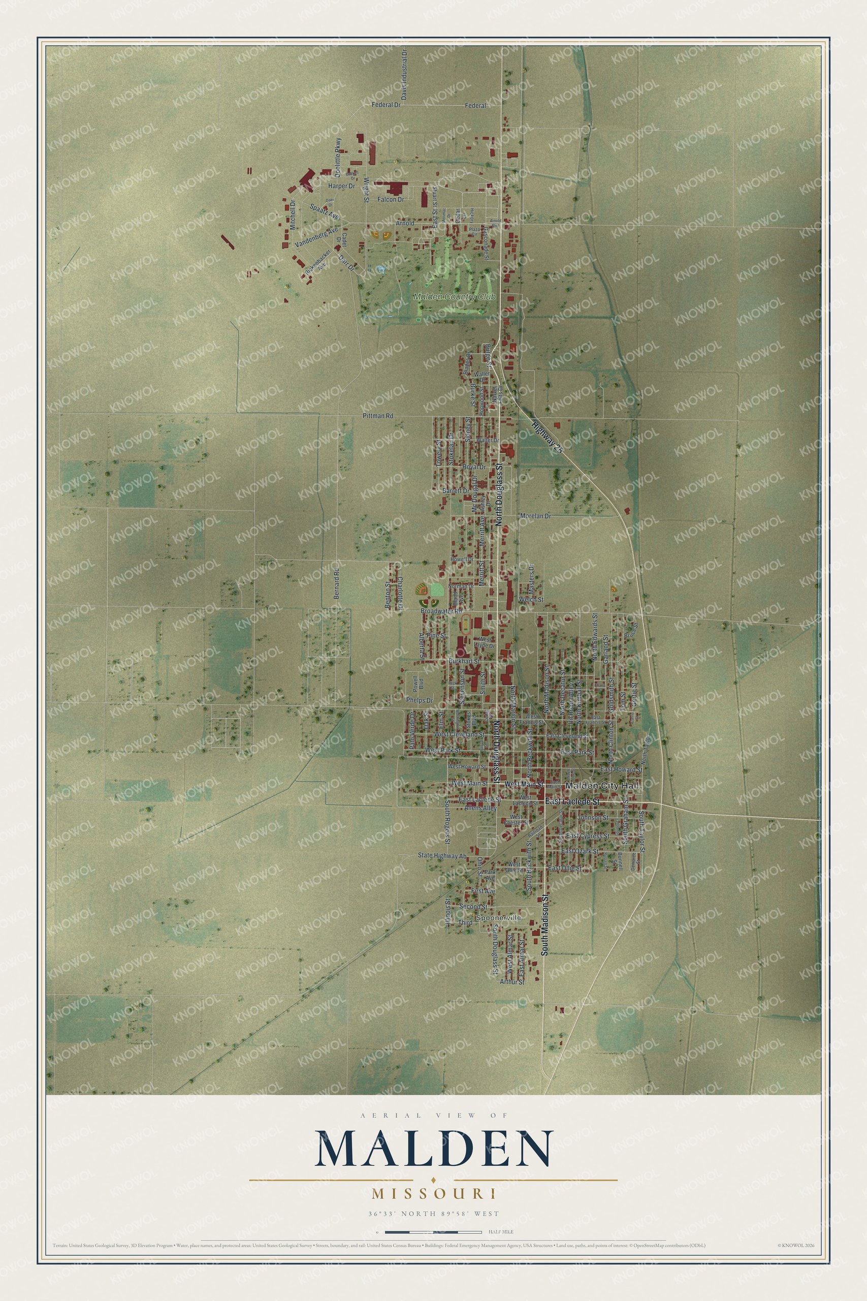 Watermarked full-map preview of Malden, Missouri