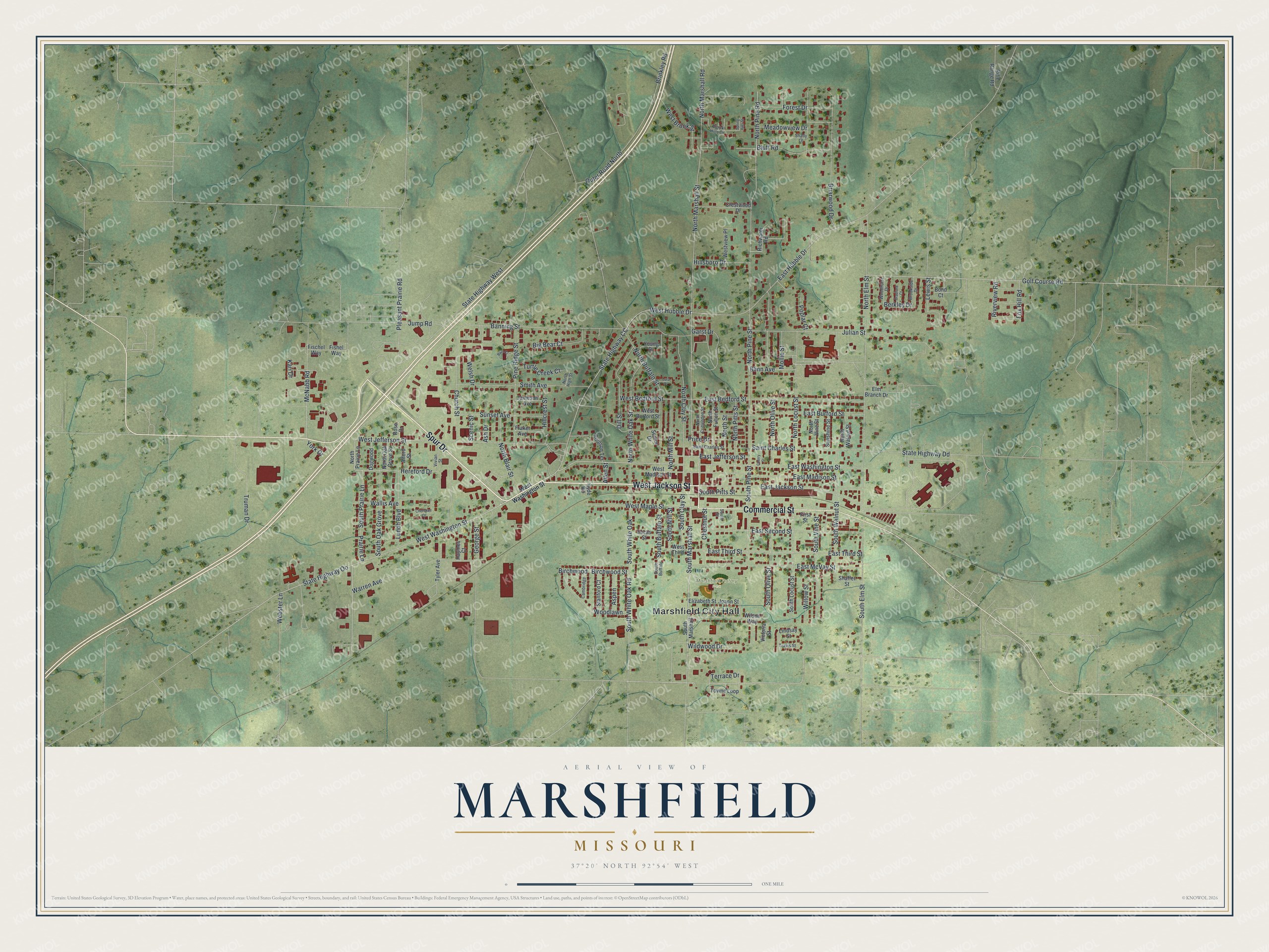 Watermarked full-map preview of Marshfield, Missouri